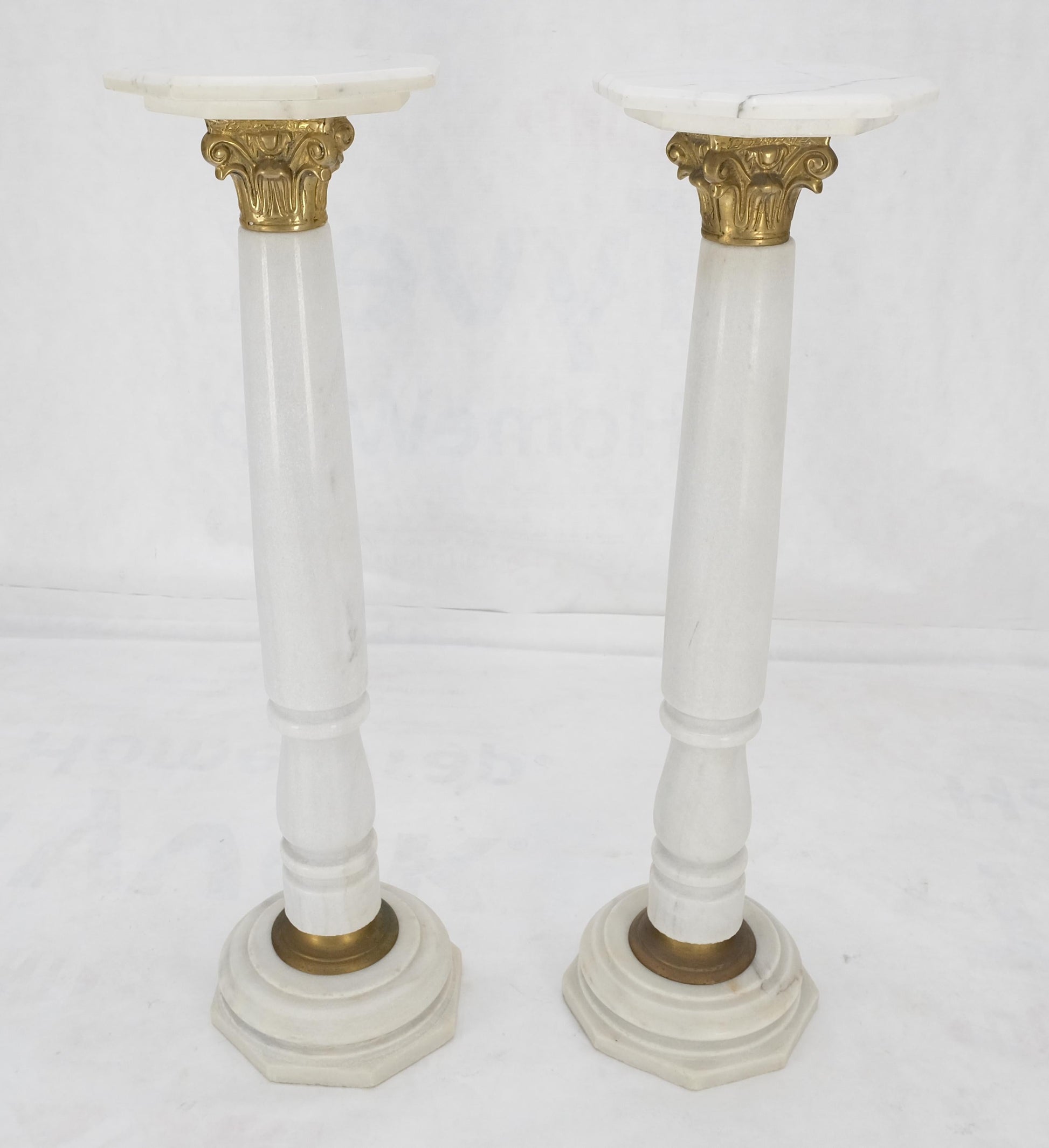 EstablishedLines Pair Brass & Turned White Marble Bases Octagonal Tops Columns Pedestals MINT!