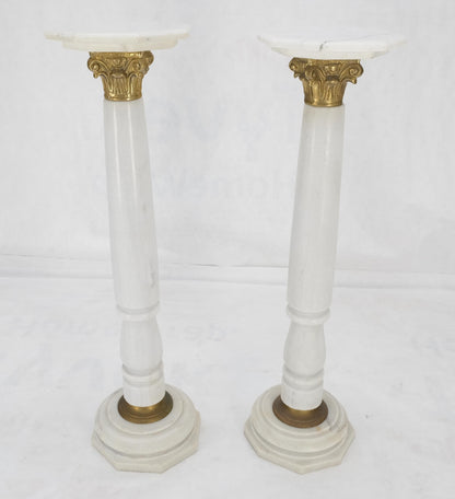 EstablishedLines Pair Brass & Turned White Marble Bases Octagonal Tops Columns Pedestals MINT!
