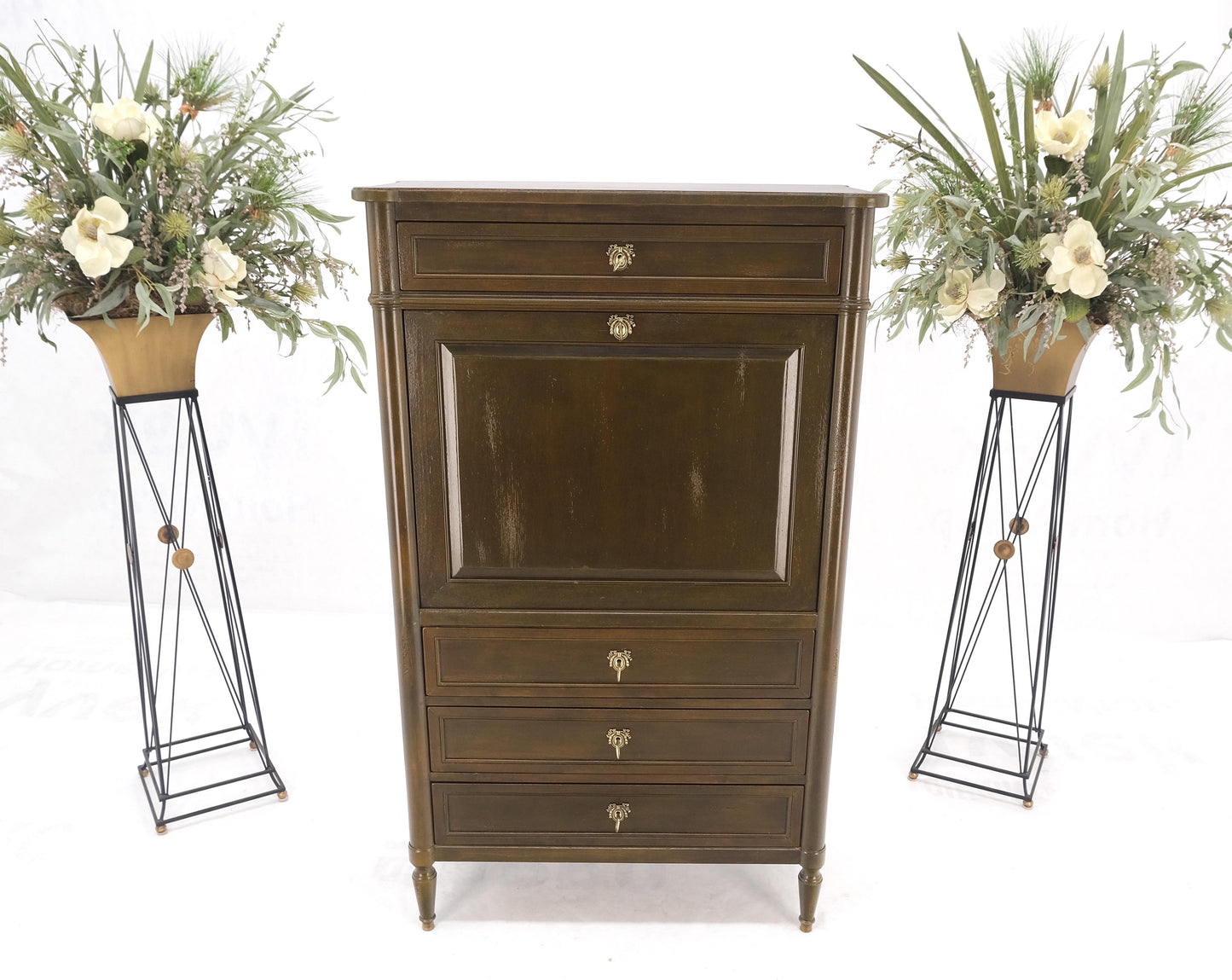 Dark Golden Olive Drop Front Secretary Desk High Chest Drawers Dresser Brass Key