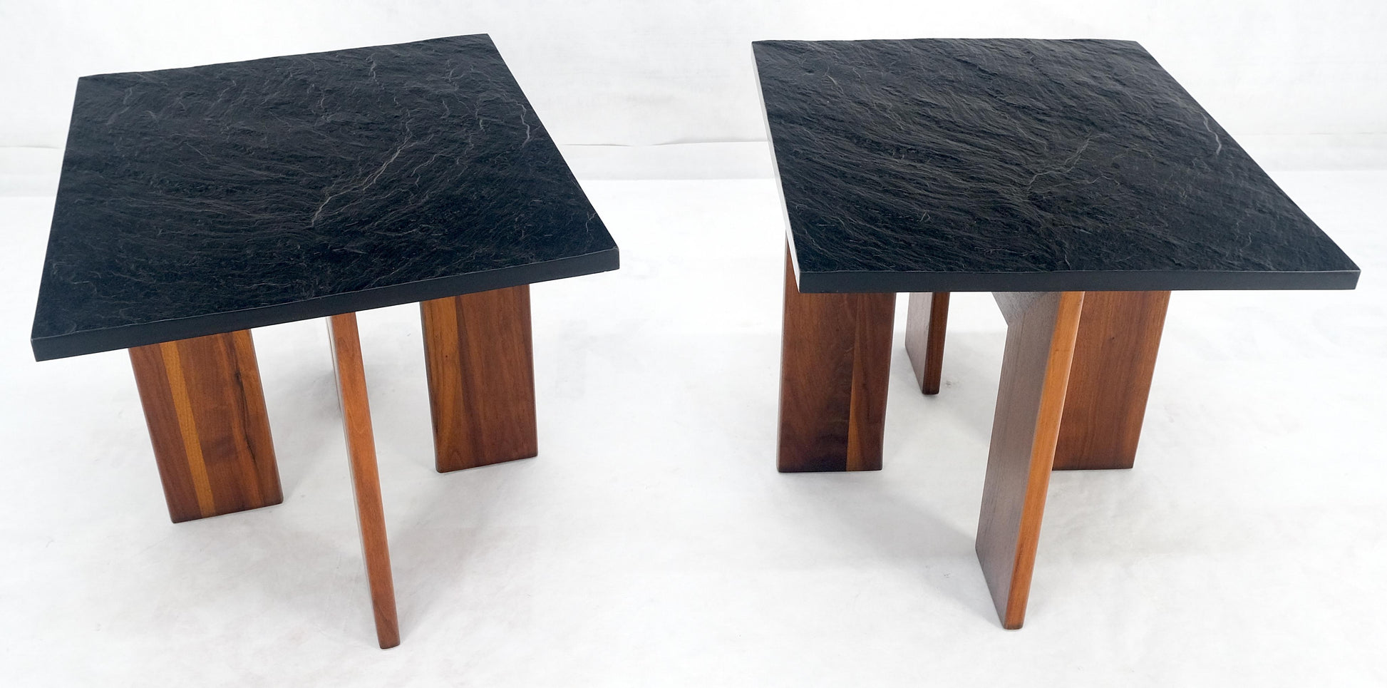 EstablishedLines Pair of Adrian Pearsall Walnut Bases Slate Like Tops End Side Tables Stands MINT