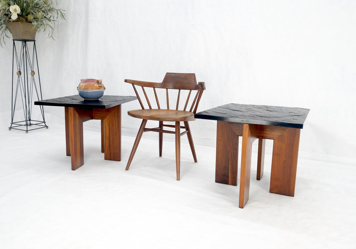 EstablishedLines Pair of Adrian Pearsall Walnut Bases Slate Like Tops End Side Tables Stands MINT
