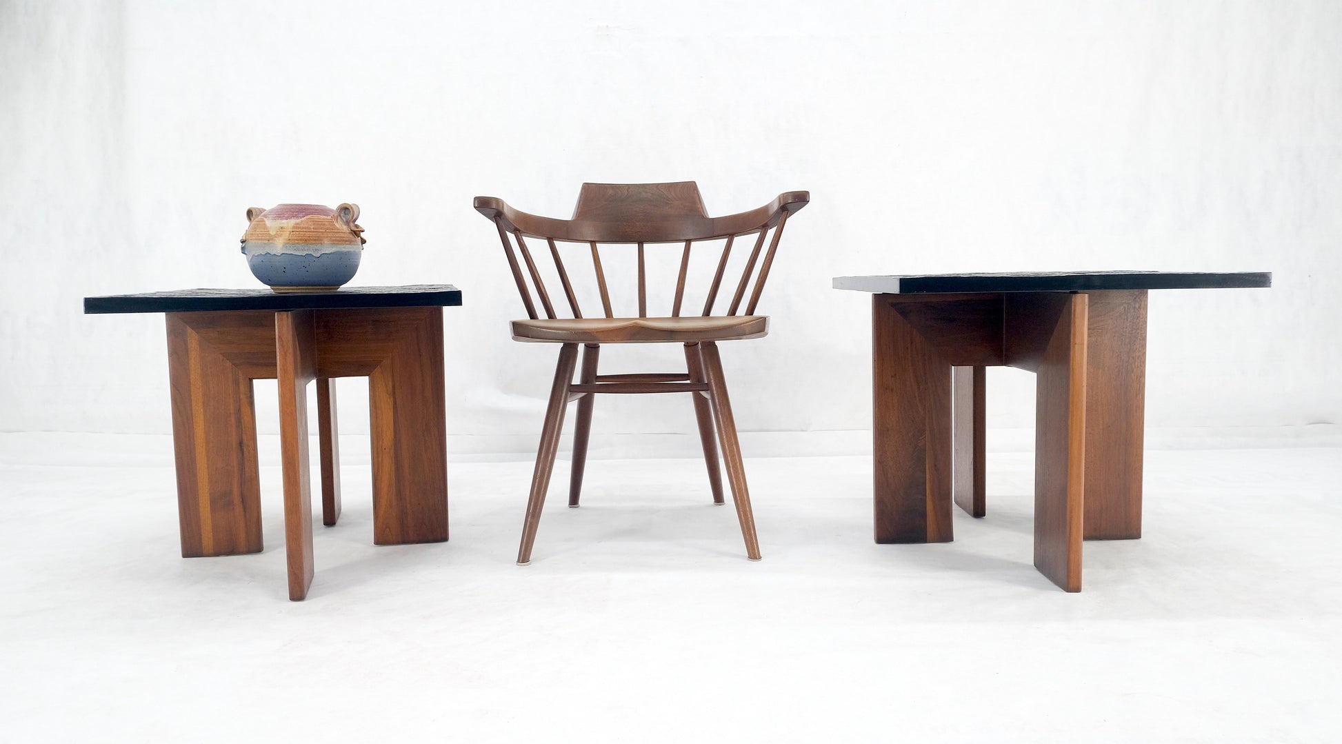 EstablishedLines Pair of Adrian Pearsall Walnut Bases Slate Like Tops End Side Tables Stands MINT