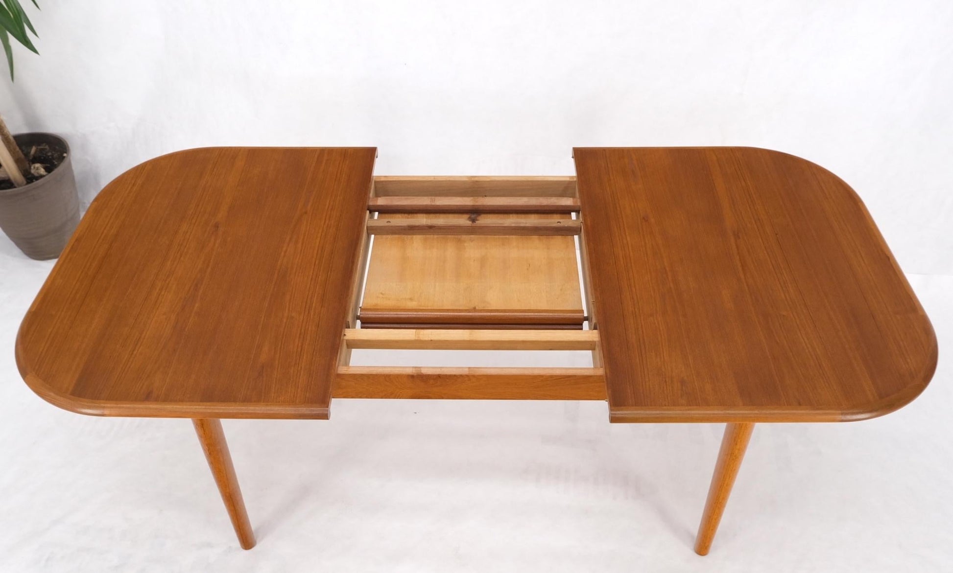 EstablishedLines Danish Teak Rounded Corners Rectangle Dining Table One Hide Away Board Leaf Mint