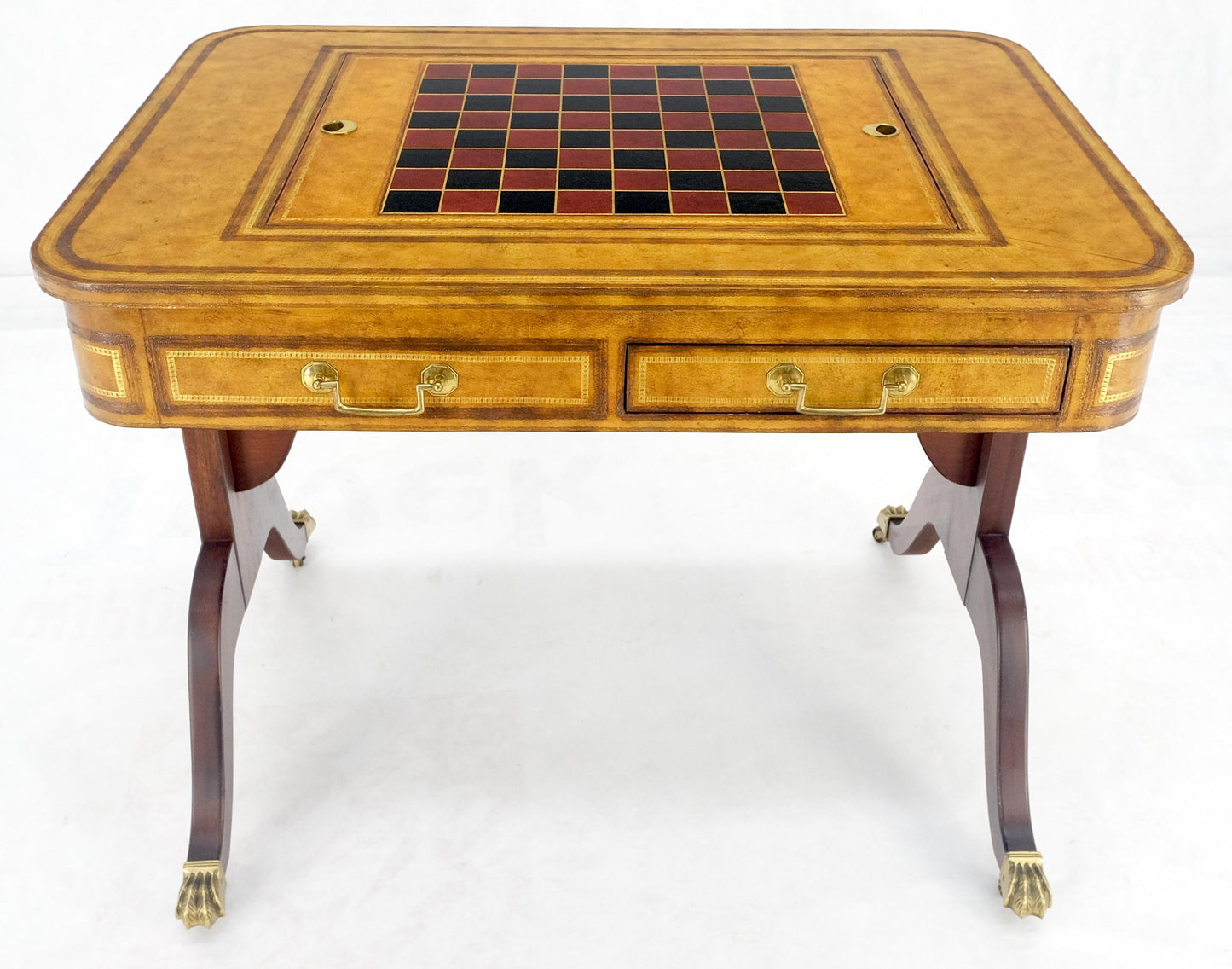EstablishedLines Flit Top Chess Board Backgammon Tooled Leather Top Two Drawers Game Table MINT!