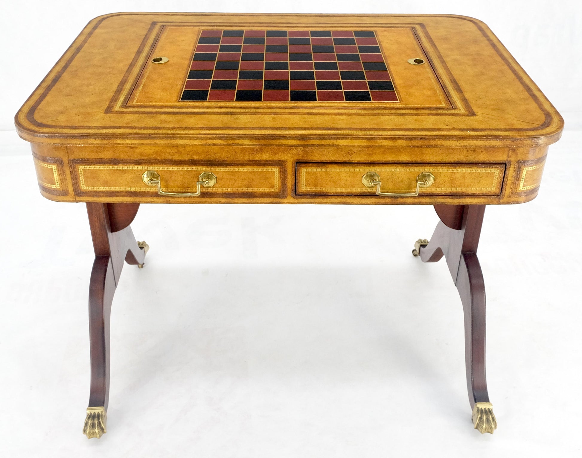 EstablishedLines Flit Top Chess Board Backgammon Tooled Leather Top Two Drawers Game Table MINT!