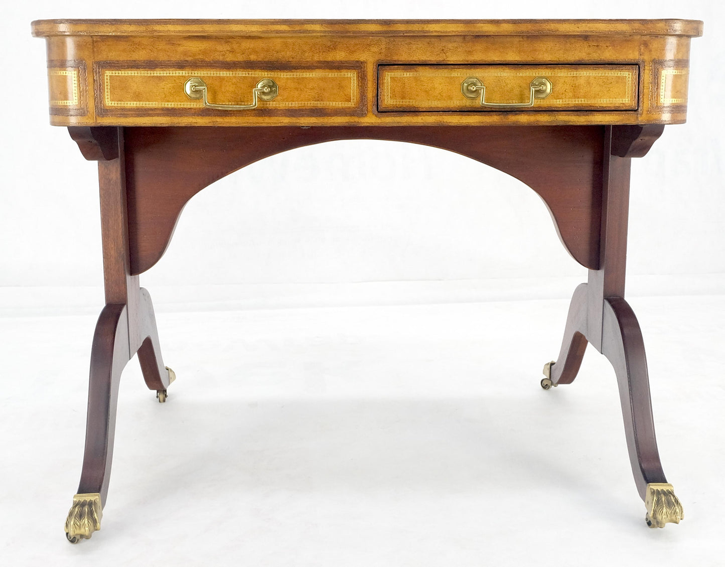 EstablishedLines Flit Top Chess Board Backgammon Tooled Leather Top Two Drawers Game Table MINT!