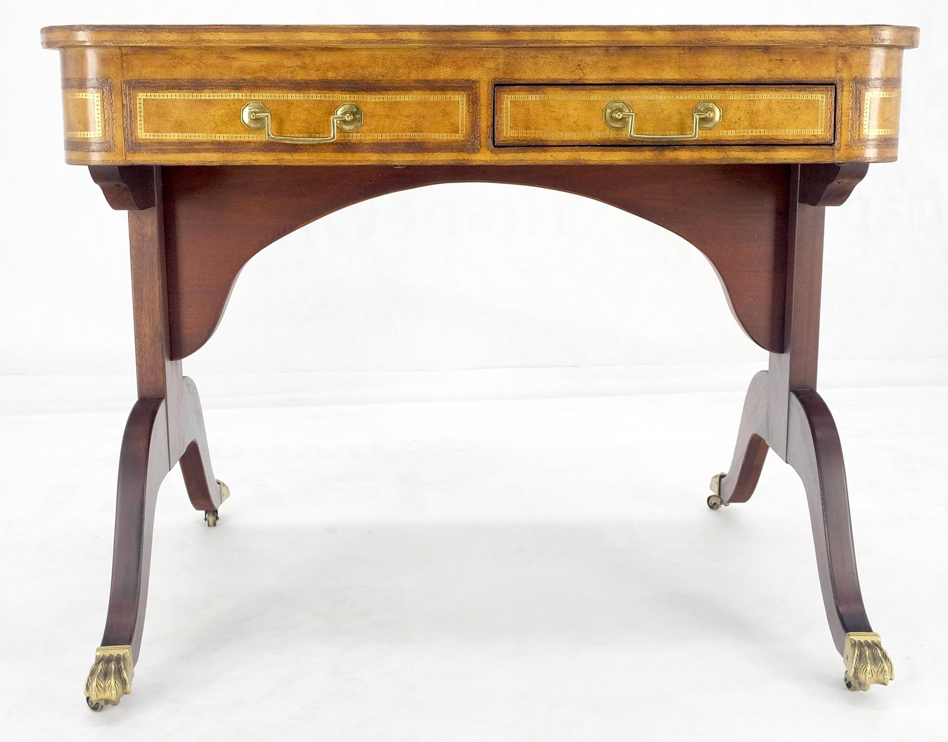EstablishedLines Flit Top Chess Board Backgammon Tooled Leather Top Two Drawers Game Table MINT!