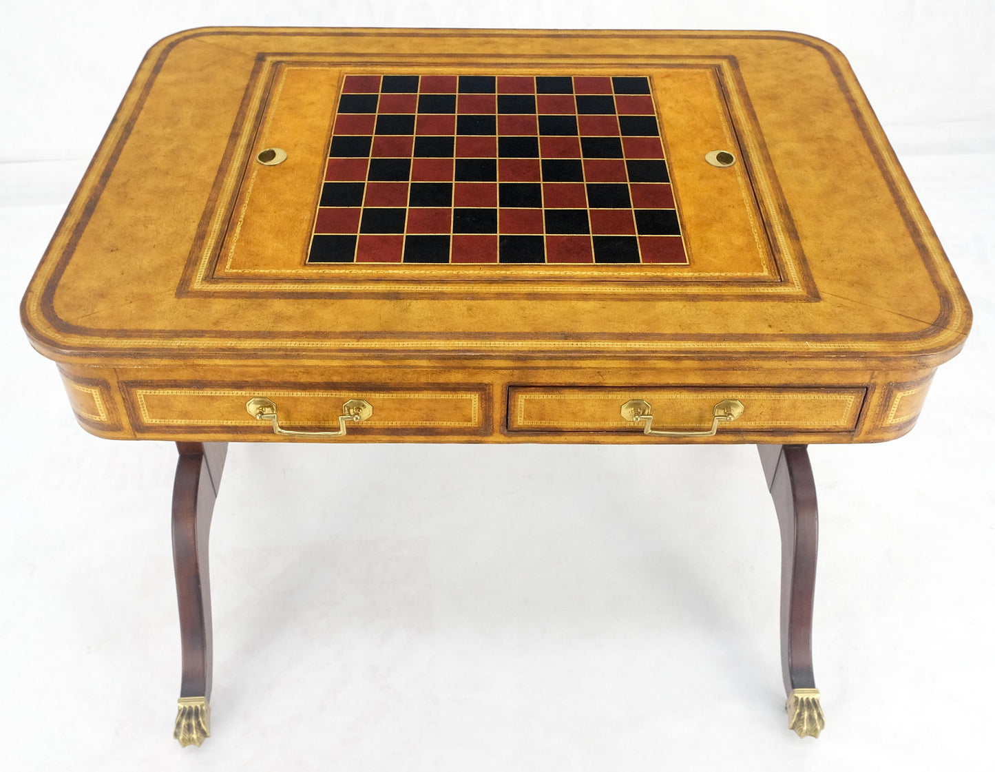 EstablishedLines Flit Top Chess Board Backgammon Tooled Leather Top Two Drawers Game Table MINT!