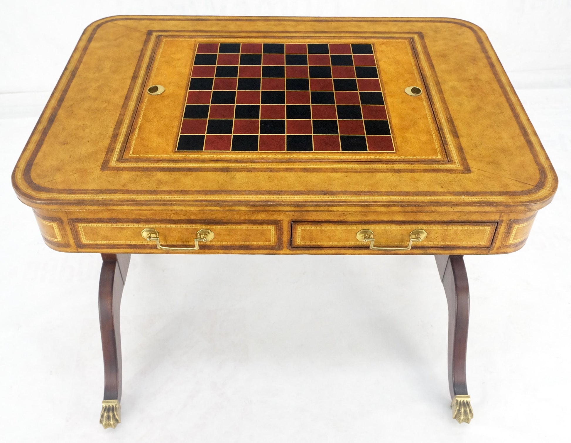 EstablishedLines Flit Top Chess Board Backgammon Tooled Leather Top Two Drawers Game Table MINT!