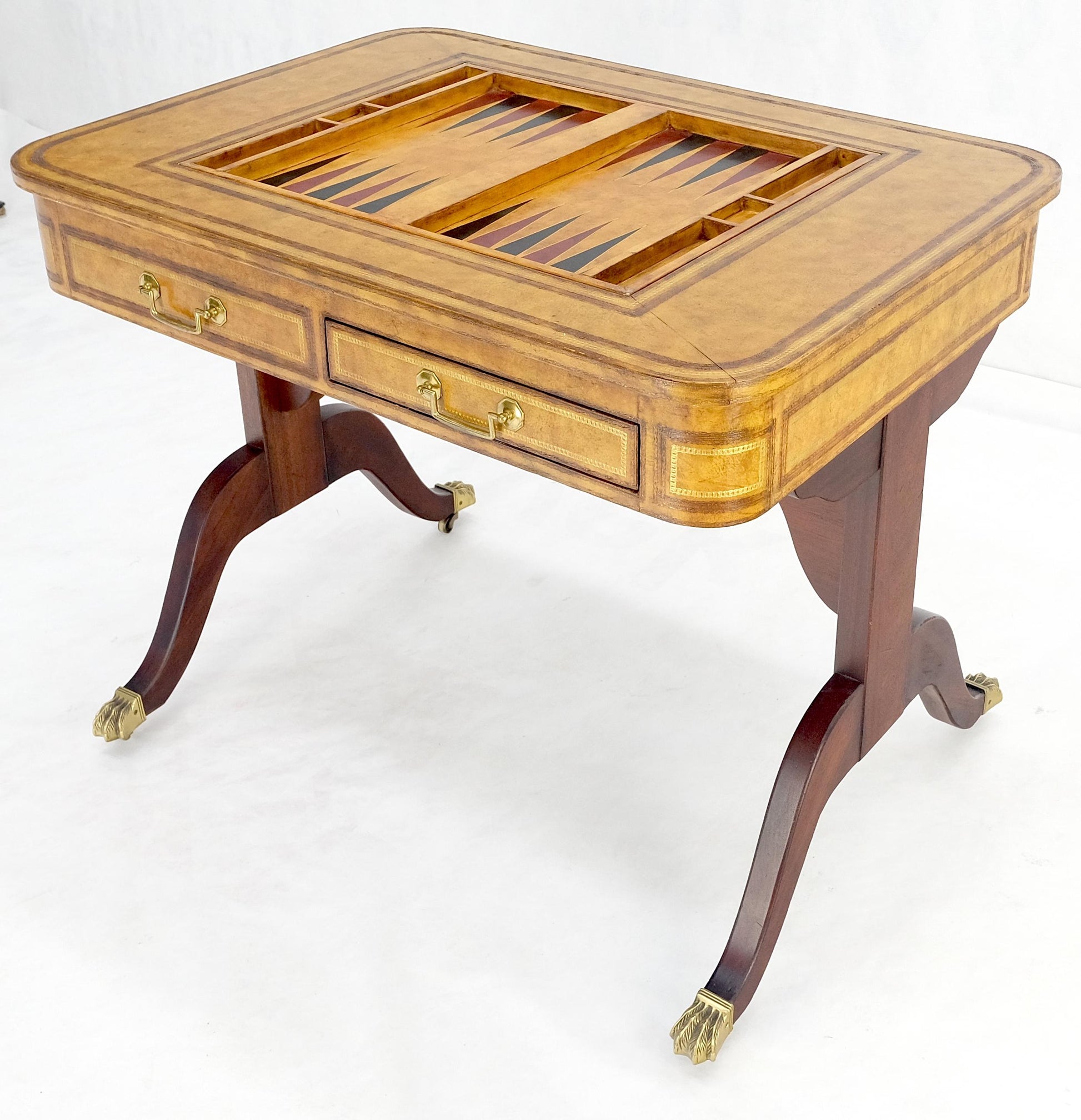 EstablishedLines Flit Top Chess Board Backgammon Tooled Leather Top Two Drawers Game Table MINT!
