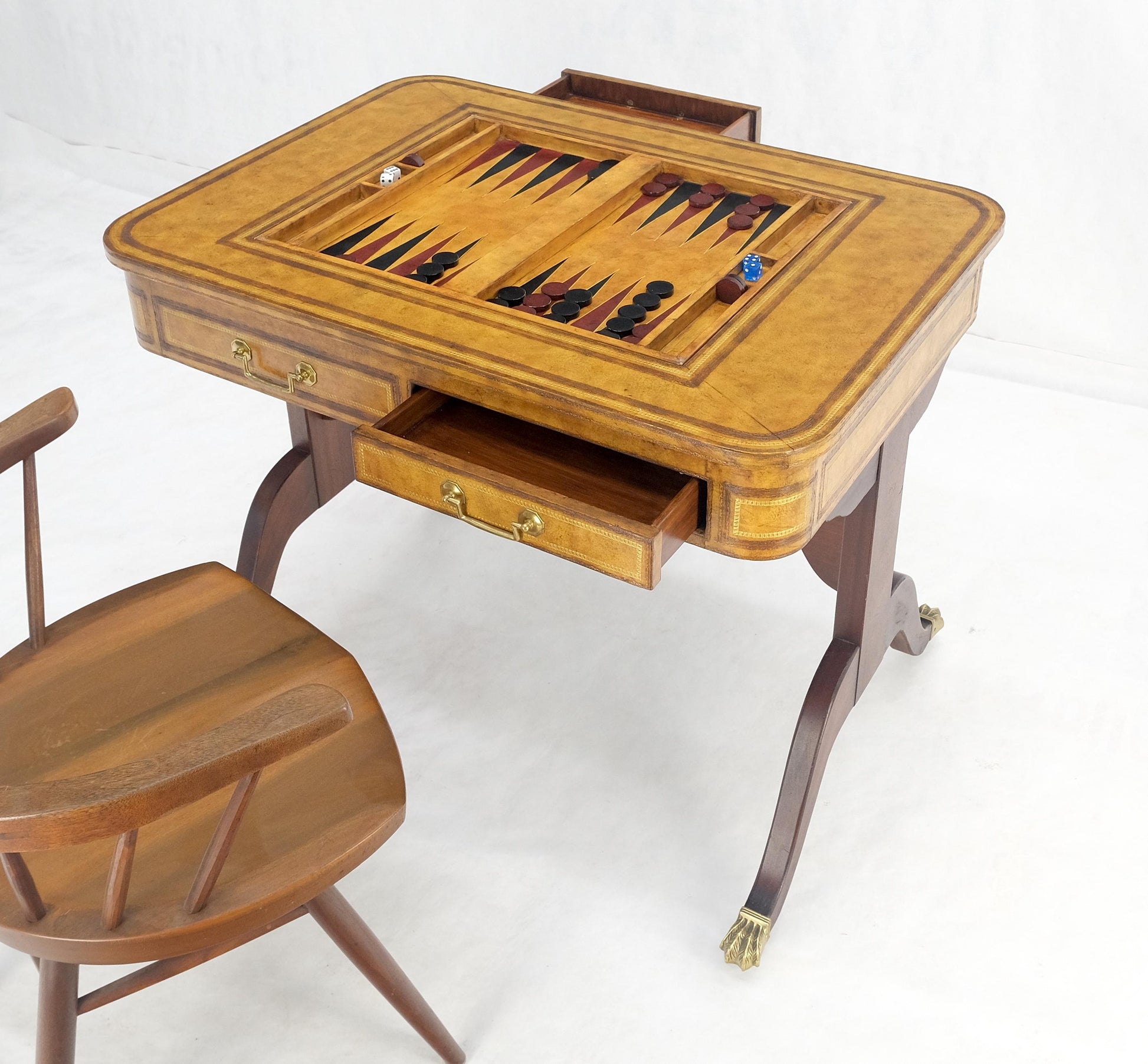 EstablishedLines Flit Top Chess Board Backgammon Tooled Leather Top Two Drawers Game Table MINT!