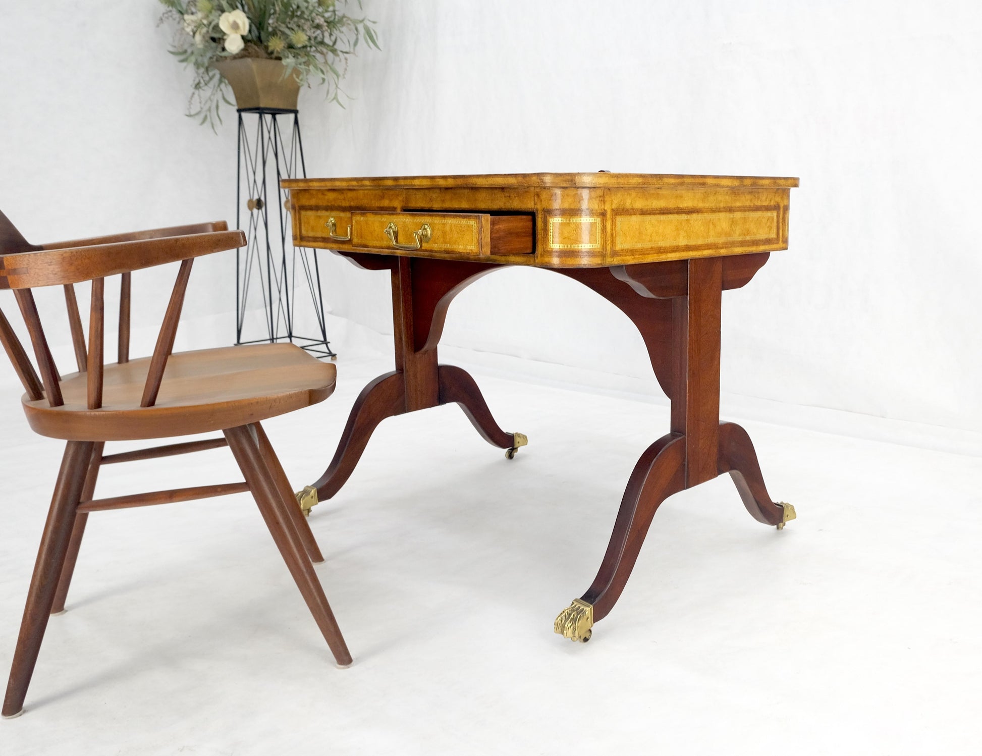 EstablishedLines Flit Top Chess Board Backgammon Tooled Leather Top Two Drawers Game Table MINT!