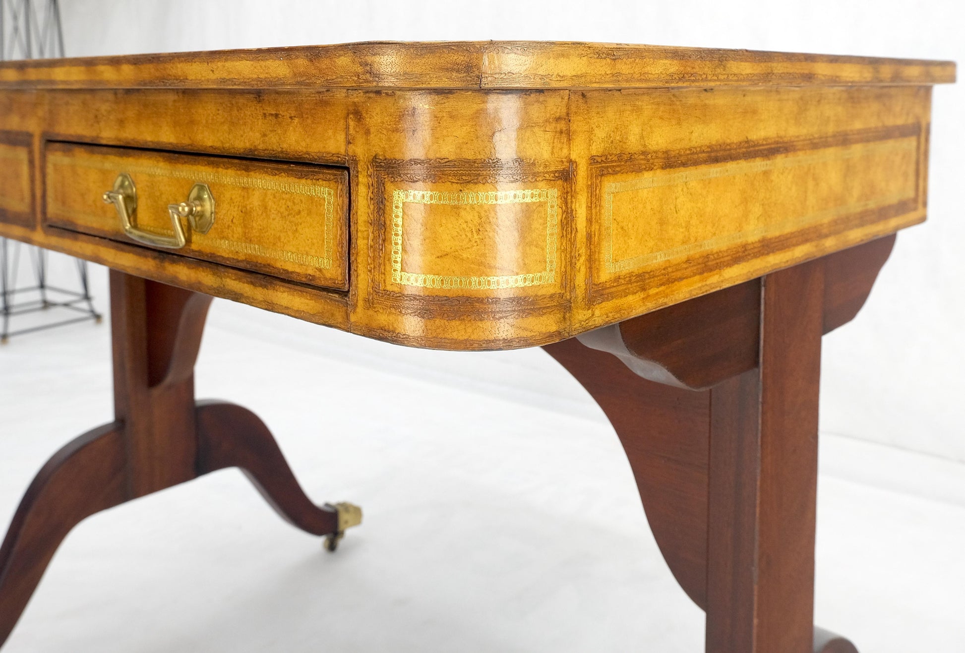 EstablishedLines Flit Top Chess Board Backgammon Tooled Leather Top Two Drawers Game Table MINT!