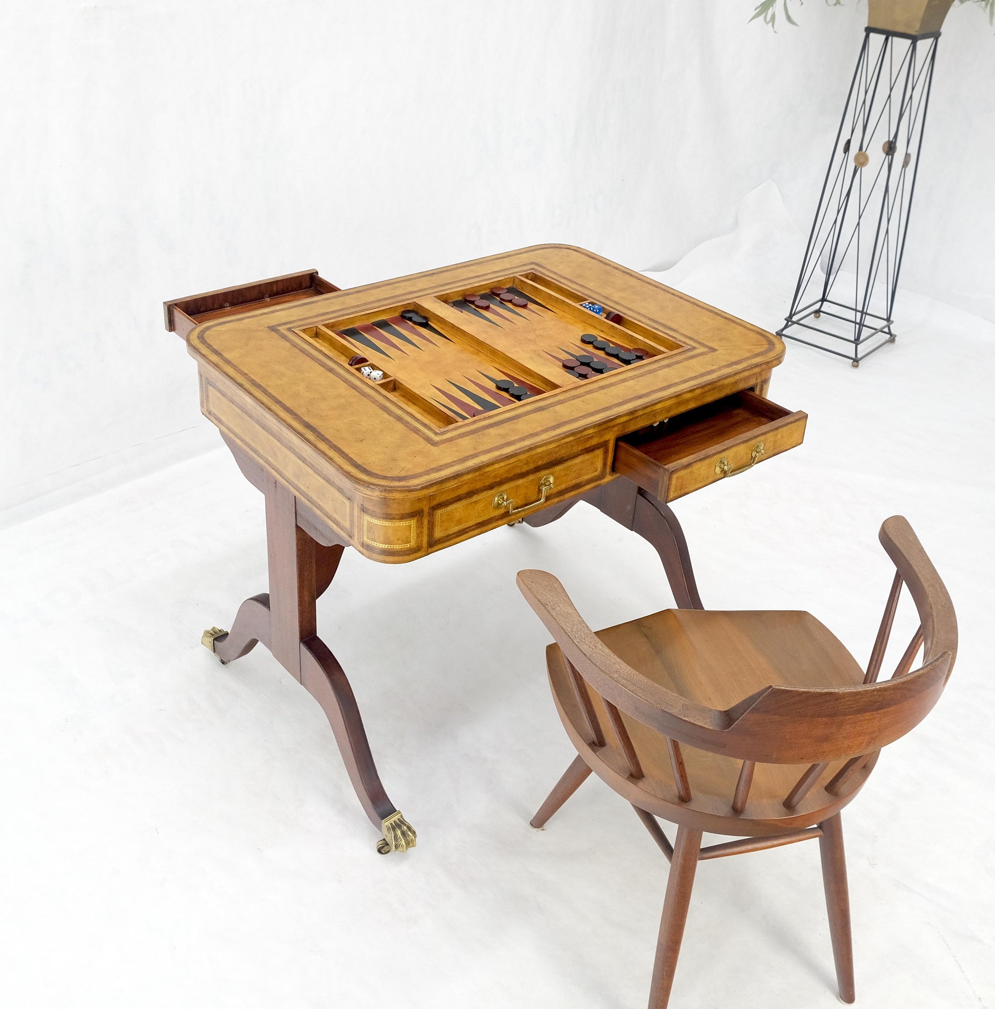 EstablishedLines Flit Top Chess Board Backgammon Tooled Leather Top Two Drawers Game Table MINT!