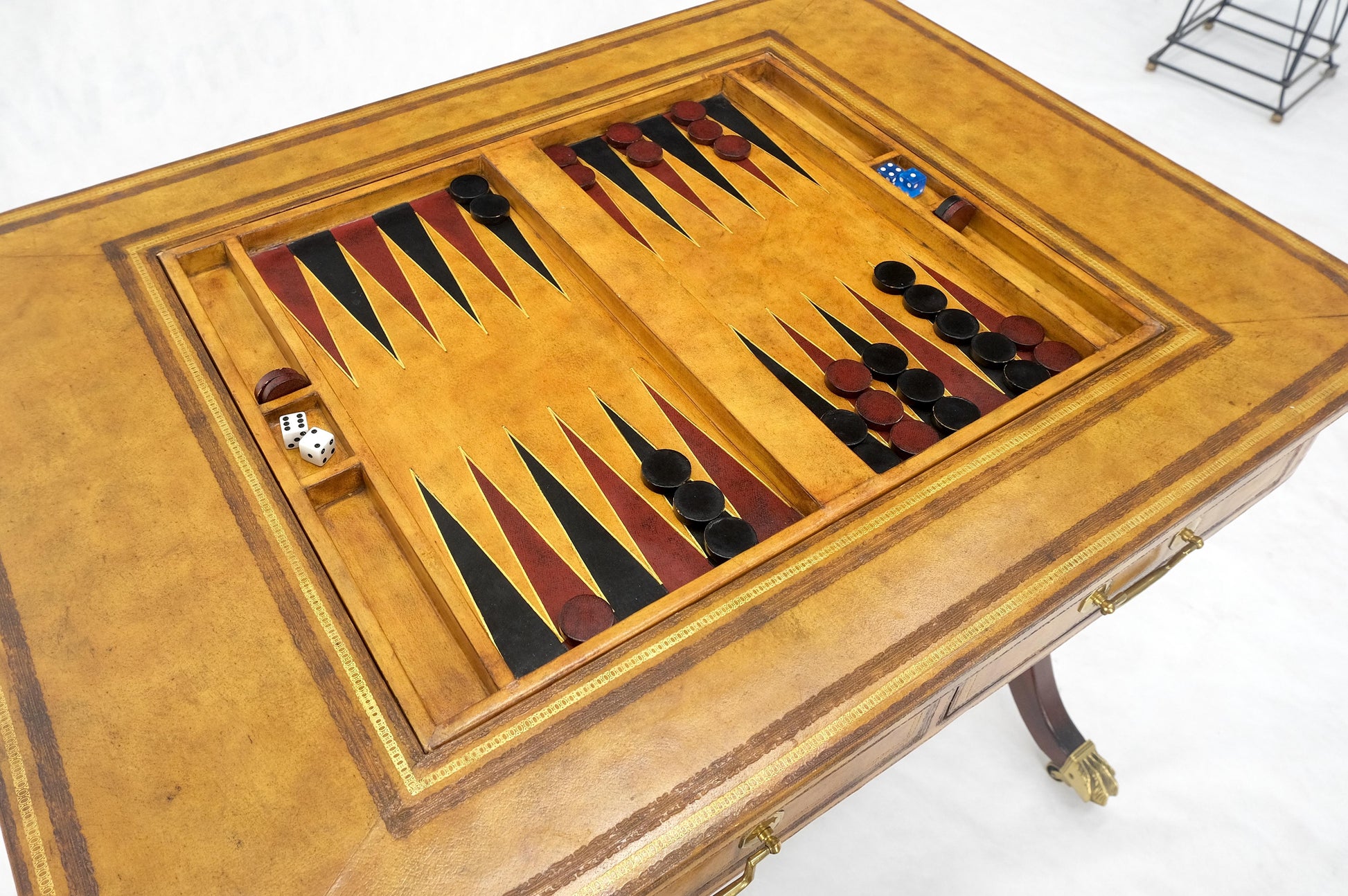 EstablishedLines Flit Top Chess Board Backgammon Tooled Leather Top Two Drawers Game Table MINT!