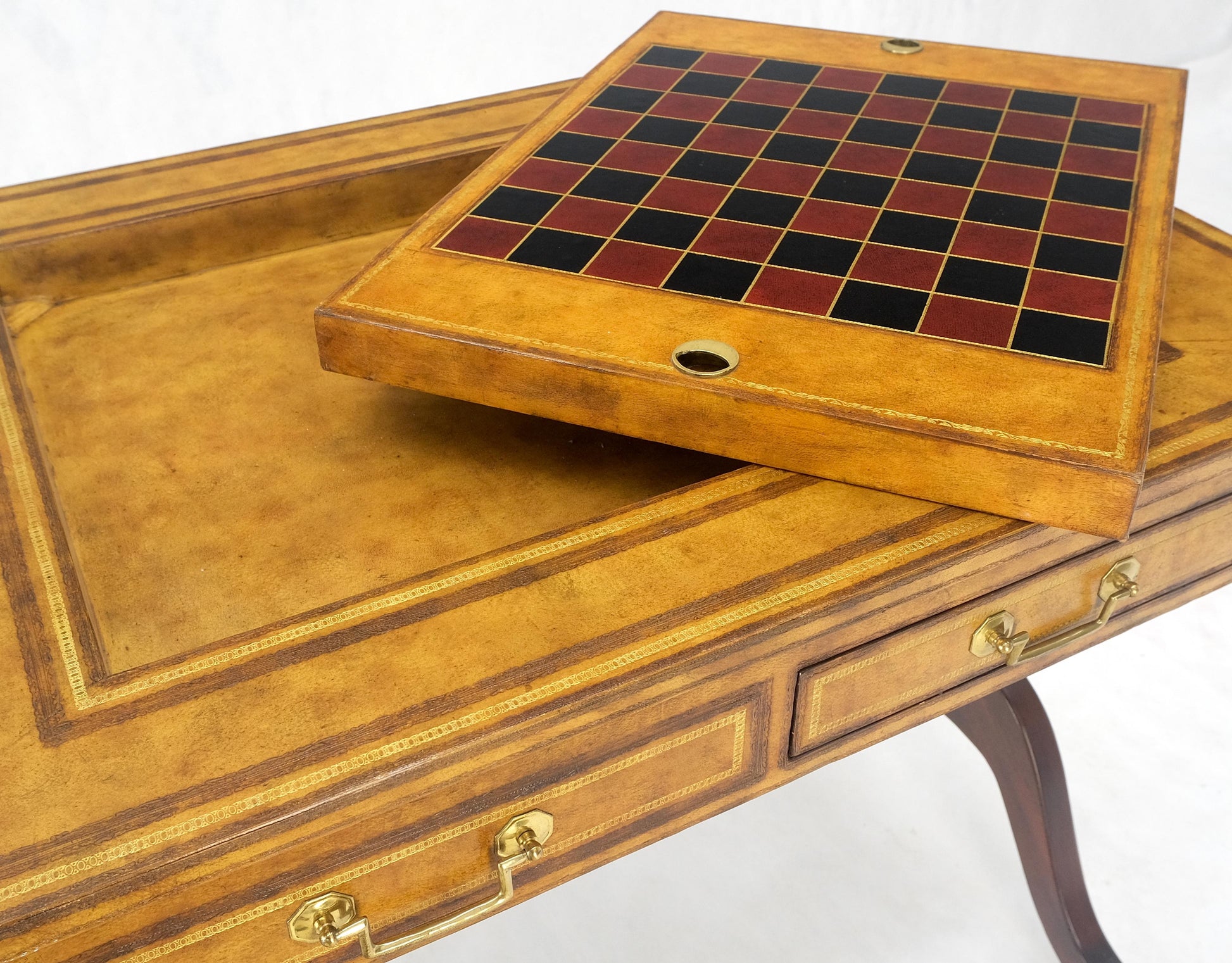 EstablishedLines Flit Top Chess Board Backgammon Tooled Leather Top Two Drawers Game Table MINT!