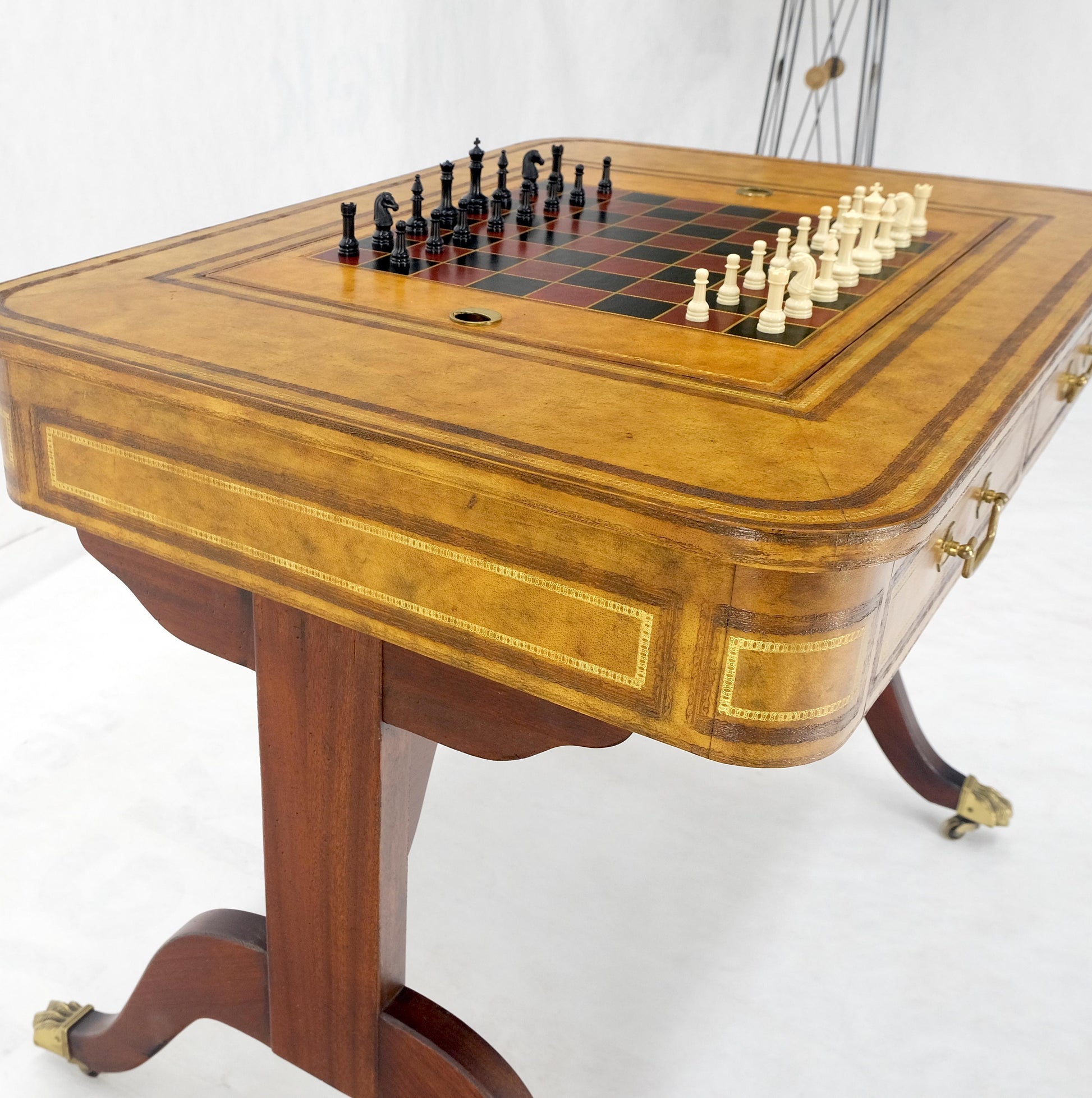 EstablishedLines Flit Top Chess Board Backgammon Tooled Leather Top Two Drawers Game Table MINT!