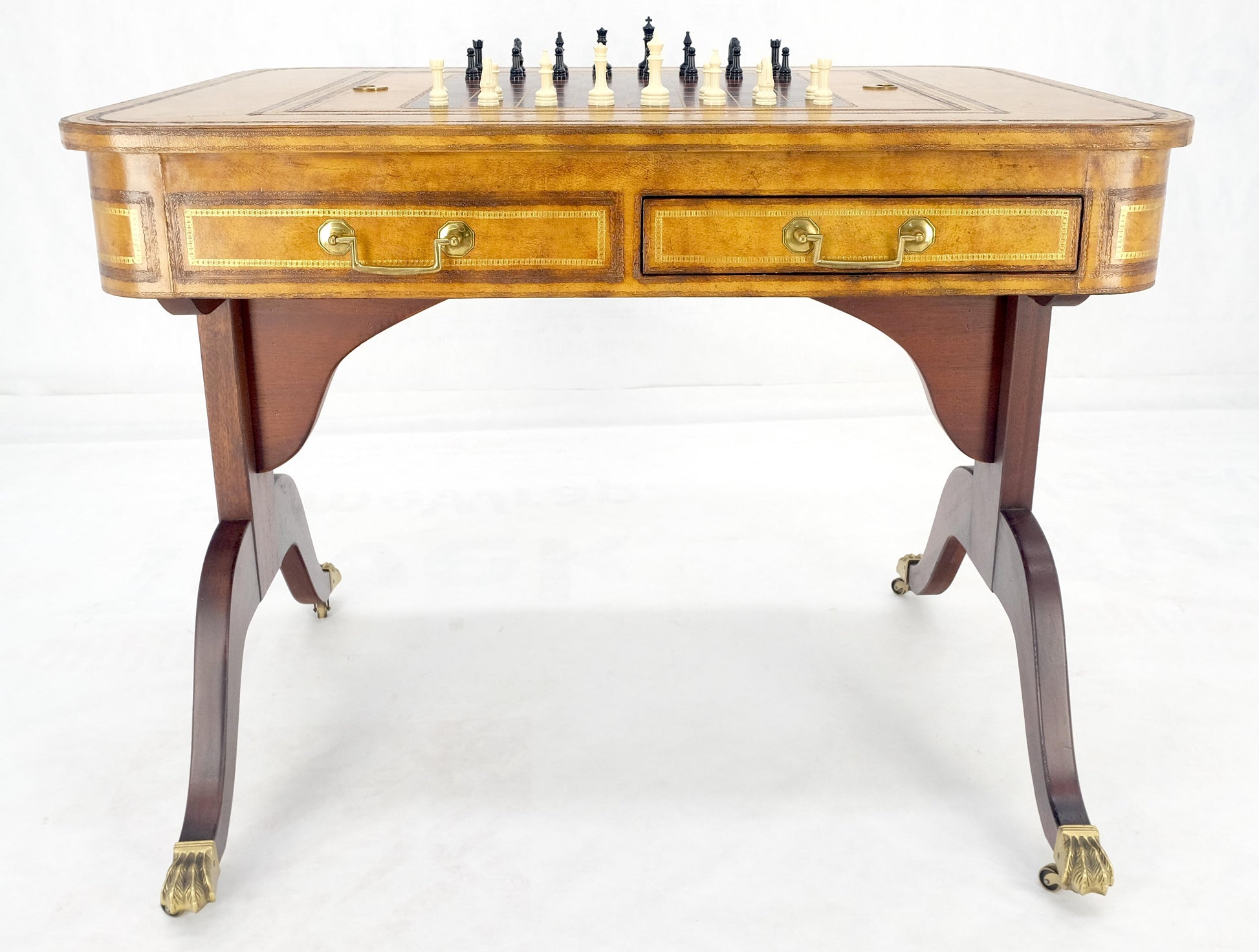 EstablishedLines Flit Top Chess Board Backgammon Tooled Leather Top Two Drawers Game Table MINT!