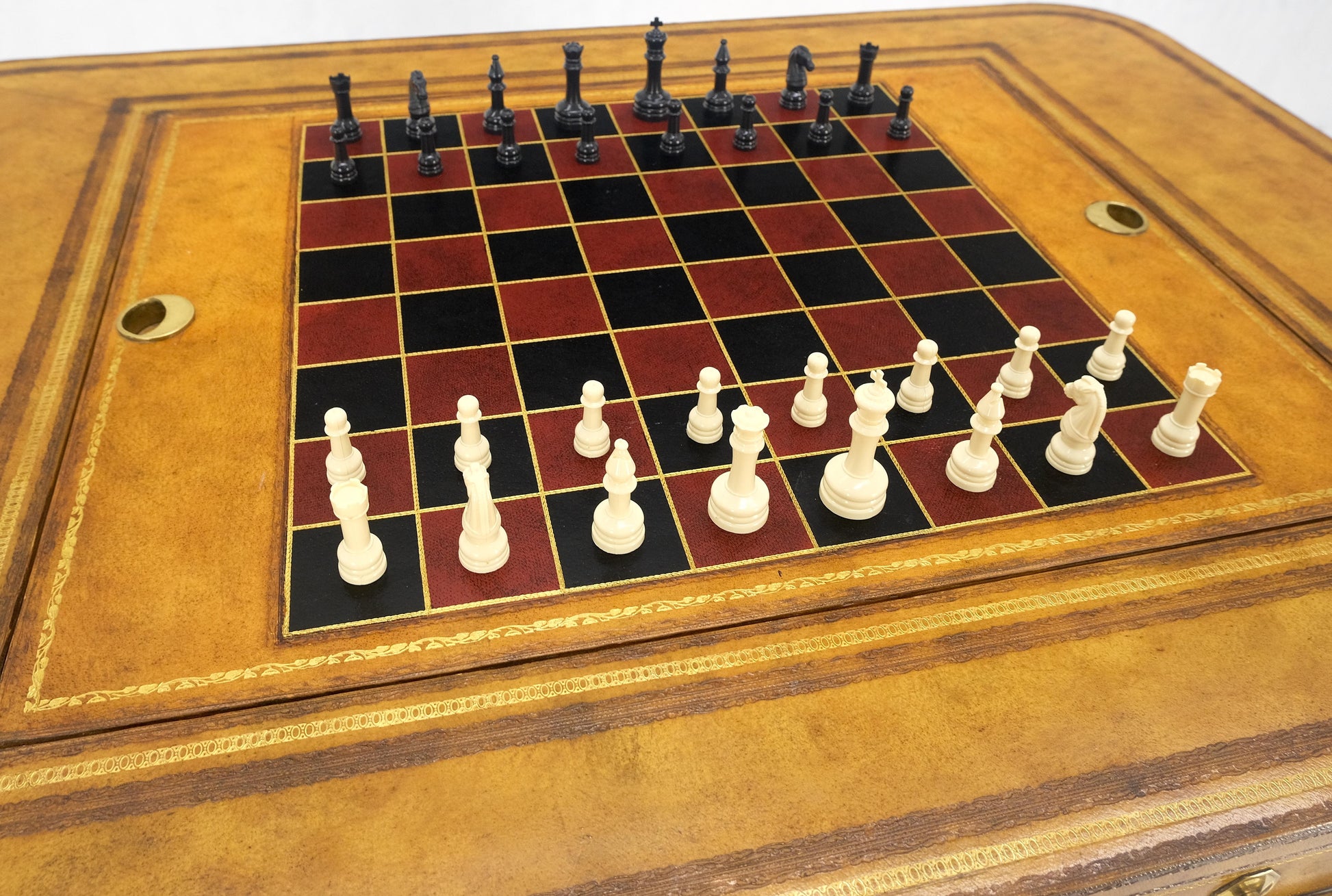 EstablishedLines Flit Top Chess Board Backgammon Tooled Leather Top Two Drawers Game Table MINT!