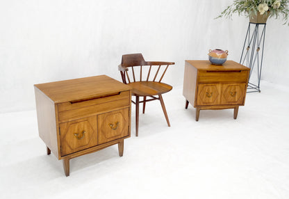 Pair Light Walnut One Drawer Two Doors Solid Brass Bucked Pulls Nightstands MINT