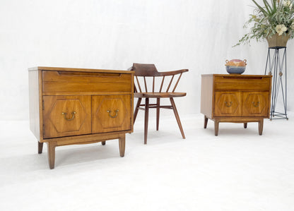 Pair Light Walnut One Drawer Two Doors Solid Brass Bucked Pulls Nightstands MINT