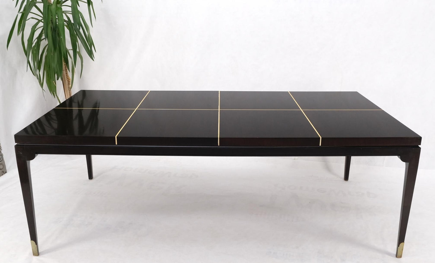 EstablishedLines Large Tommi Parzinger Lacquered Mahogany Brass Feet Tapered Legs Dining Table