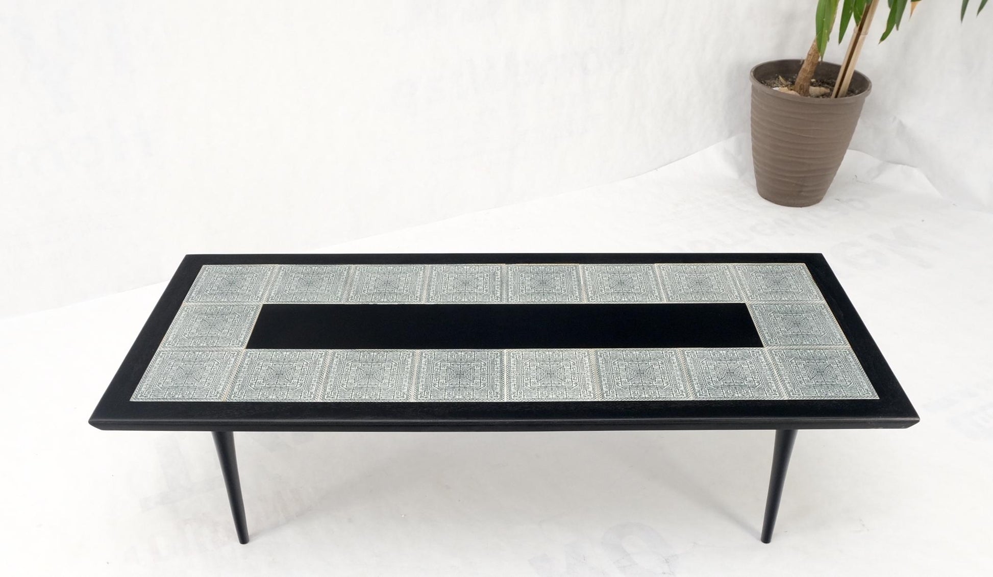 EstablishedLines Ebonised Walnut Tile Top Dowel Tapered Leg Knife Edge Mid-Century Coffee Table