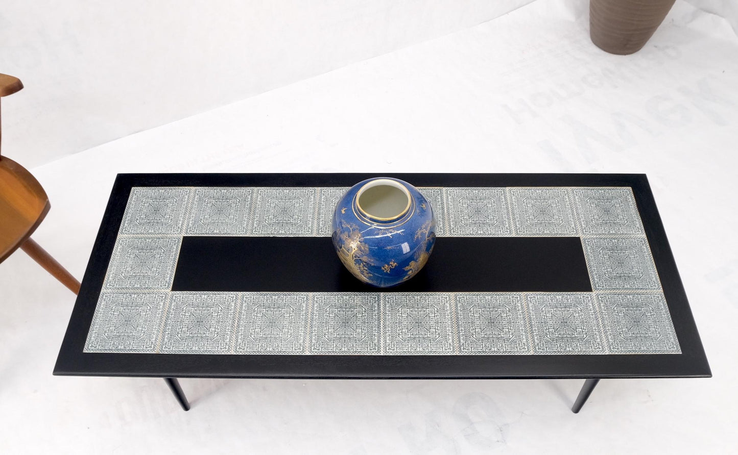 EstablishedLines Ebonised Walnut Tile Top Dowel Tapered Leg Knife Edge Mid-Century Coffee Table
