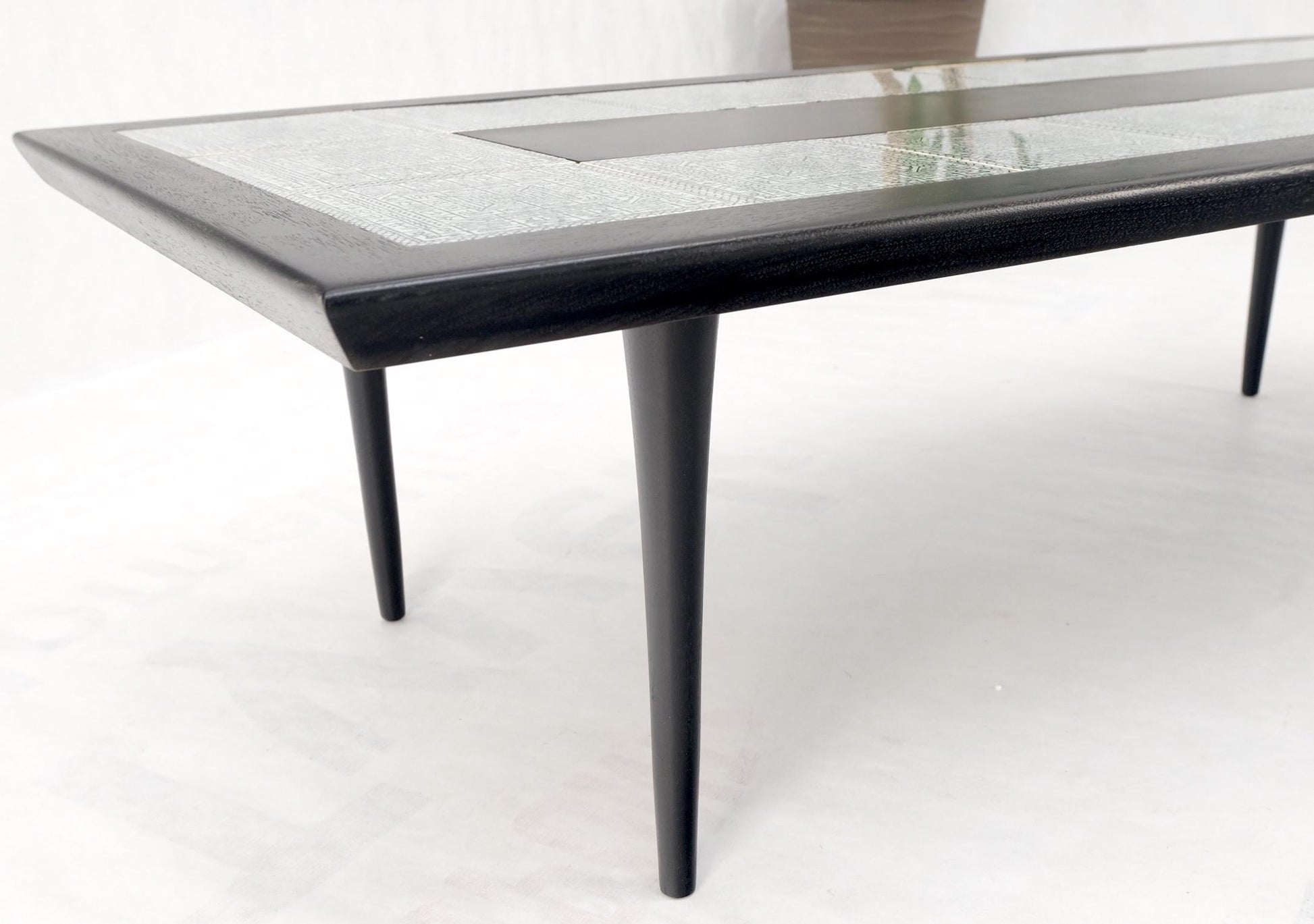 EstablishedLines Ebonised Walnut Tile Top Dowel Tapered Leg Knife Edge Mid-Century Coffee Table