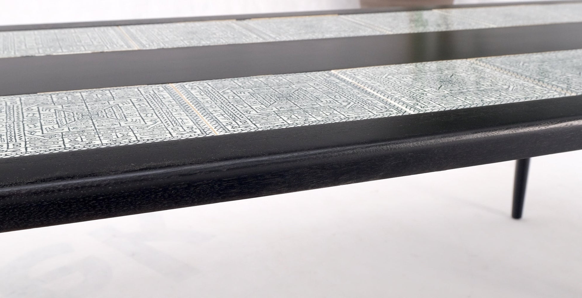 EstablishedLines Ebonised Walnut Tile Top Dowel Tapered Leg Knife Edge Mid-Century Coffee Table