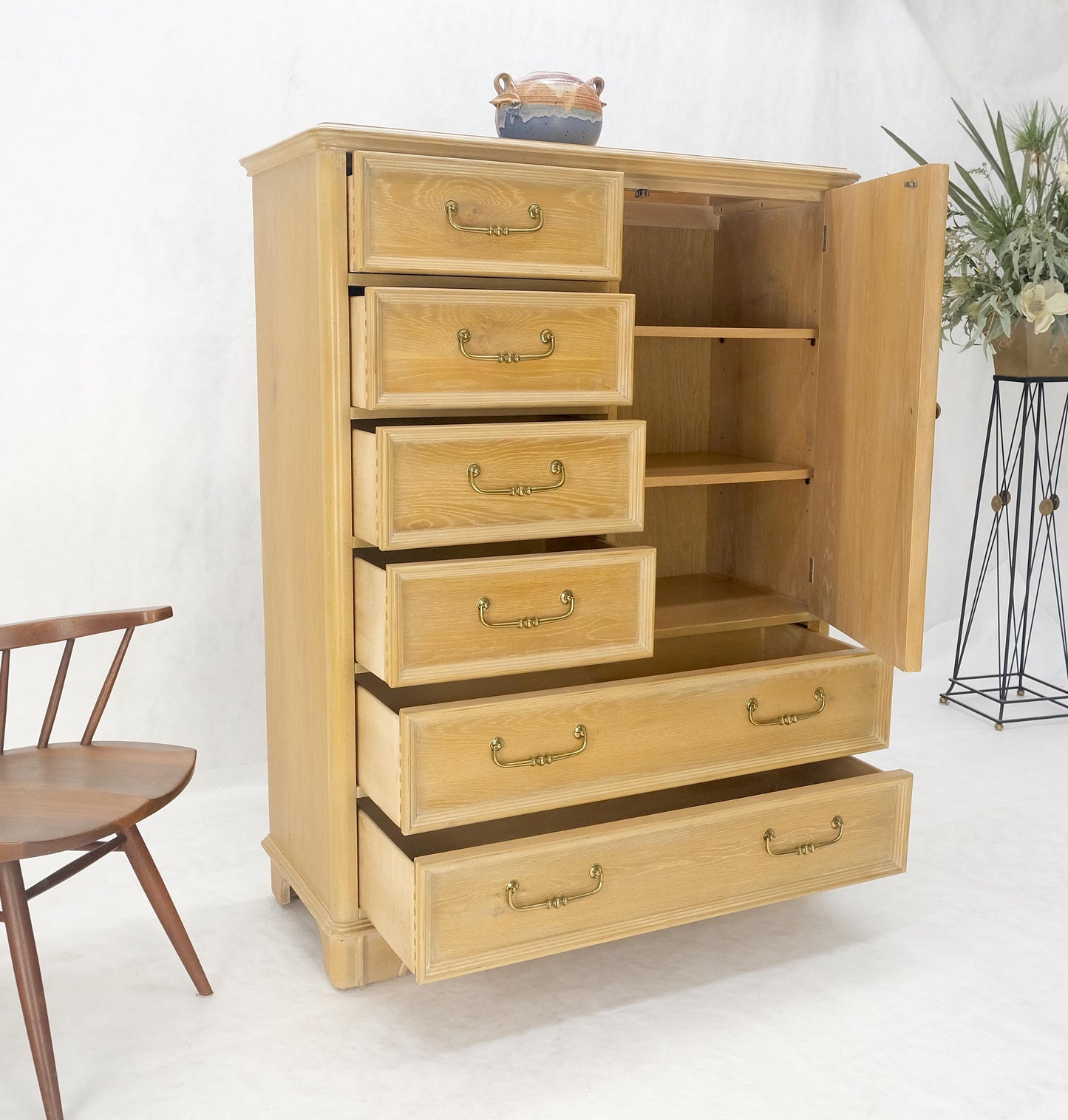 Pickled Oak 6 Drawers Two Door Compartment Chifforobe Chest Dresser Cabinet MINT