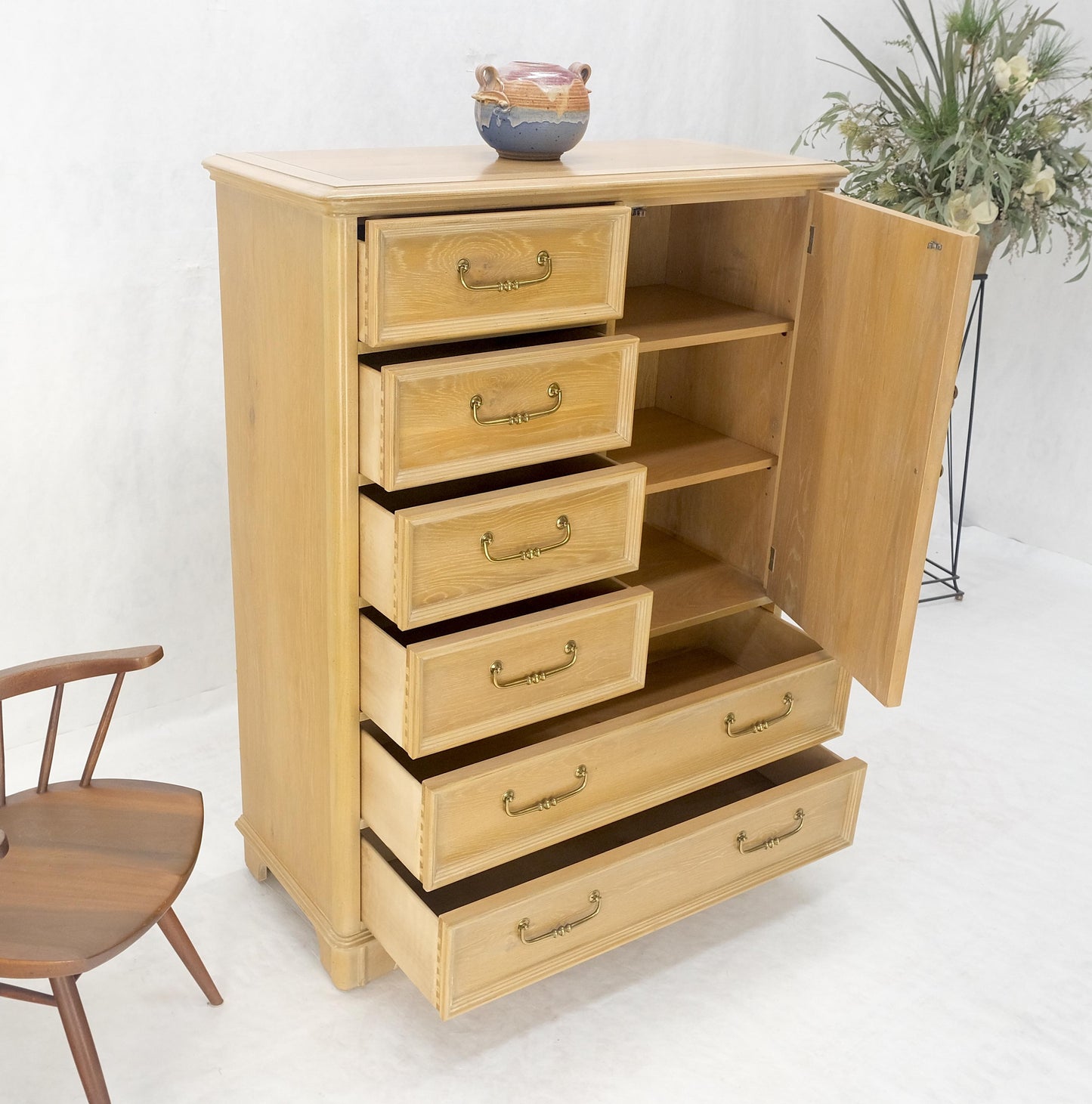 Pickled Oak 6 Drawers Two Door Compartment Chifforobe Chest Dresser Cabinet MINT