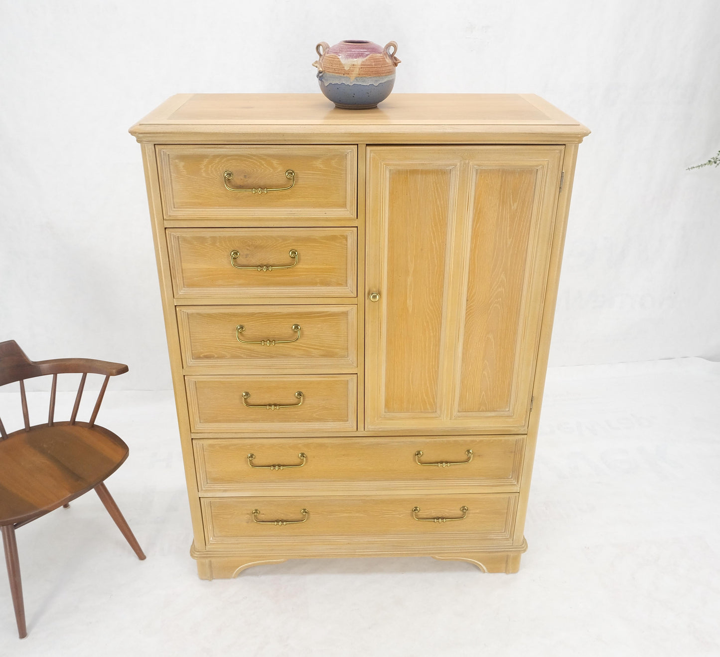 Pickled Oak 6 Drawers Two Door Compartment Chifforobe Chest Dresser Cabinet MINT