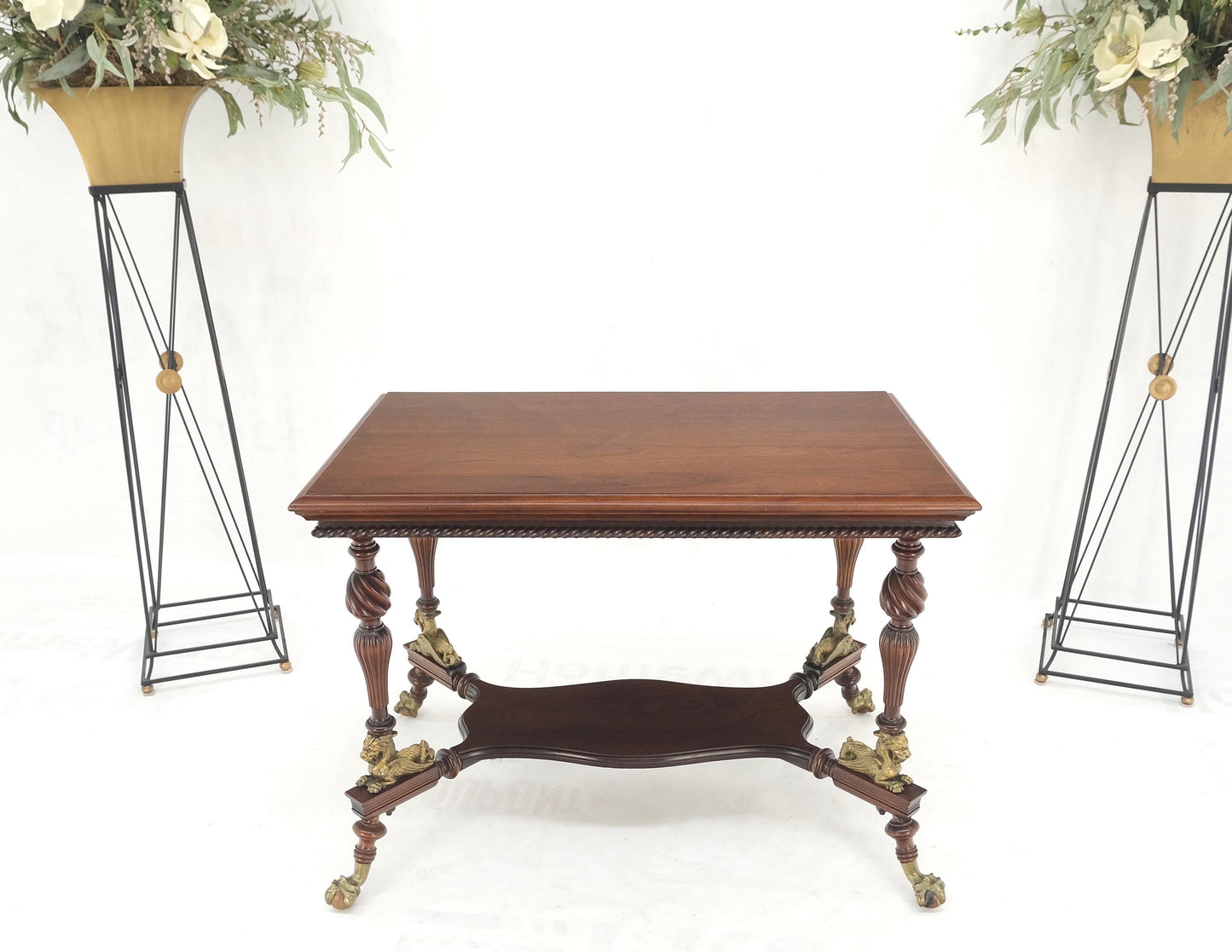 Solid Mahogany Carved Twisted Rope Style Legs Gilt Cast Iron Ball & Claw Table