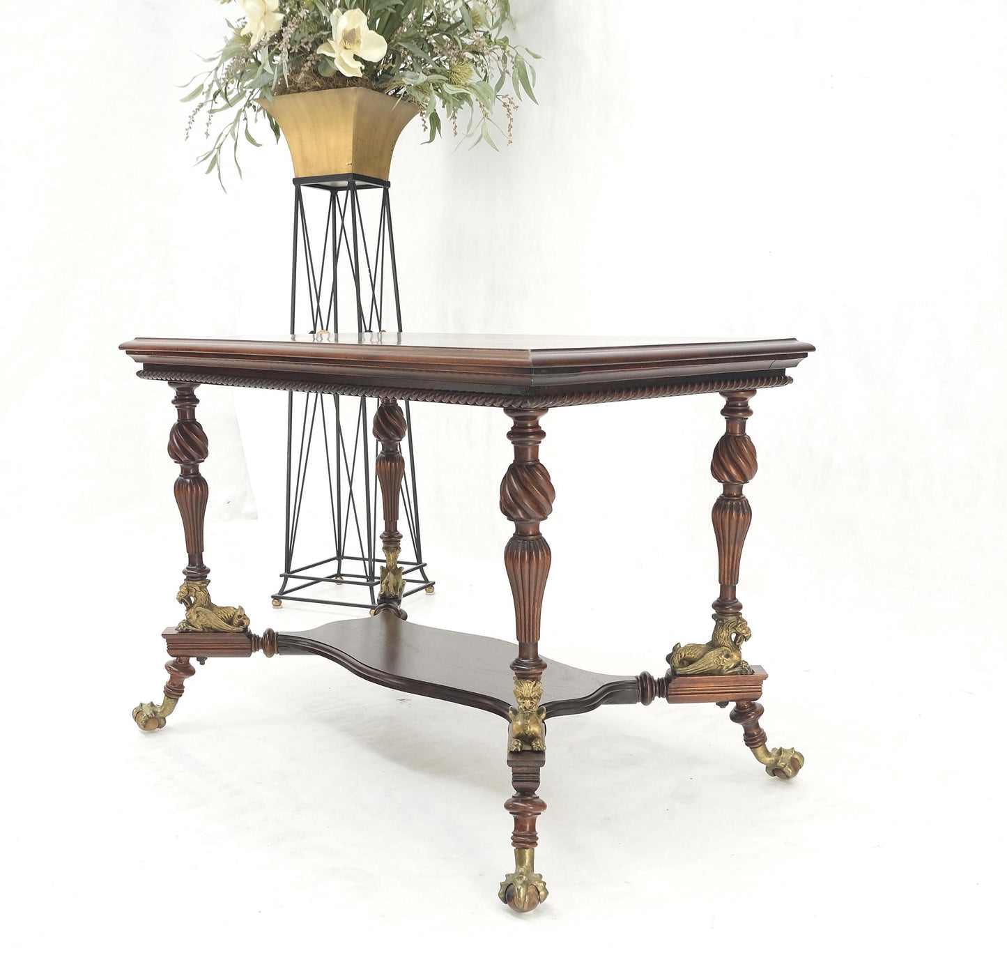 Solid Mahogany Carved Twisted Rope Style Legs Gilt Cast Iron Ball & Claw Table