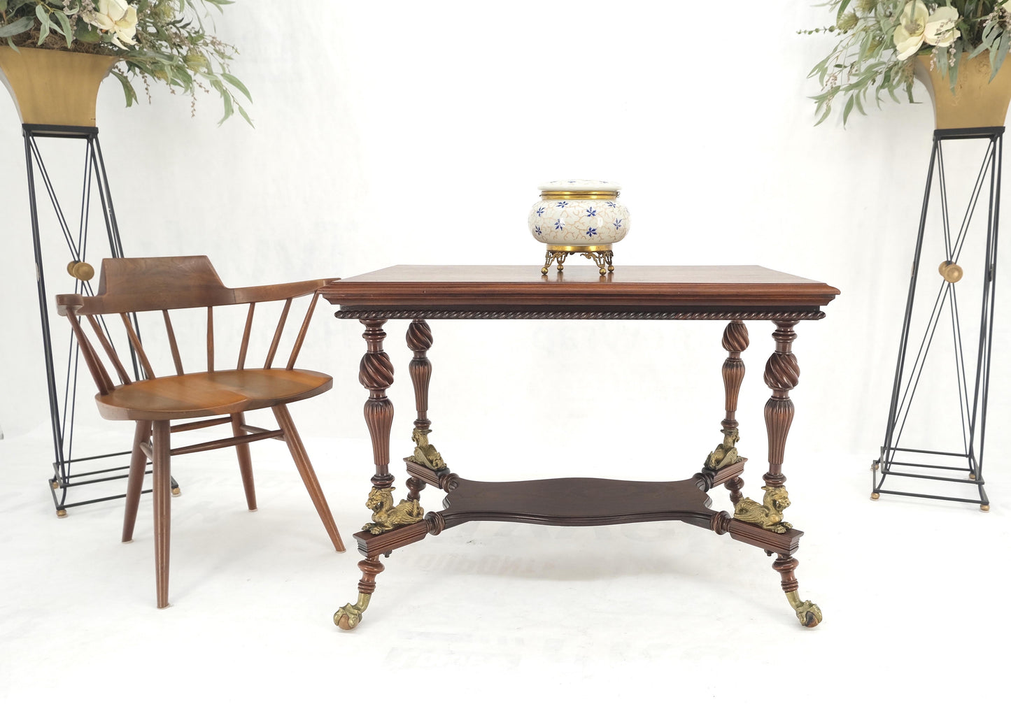 Solid Mahogany Carved Twisted Rope Style Legs Gilt Cast Iron Ball & Claw Table