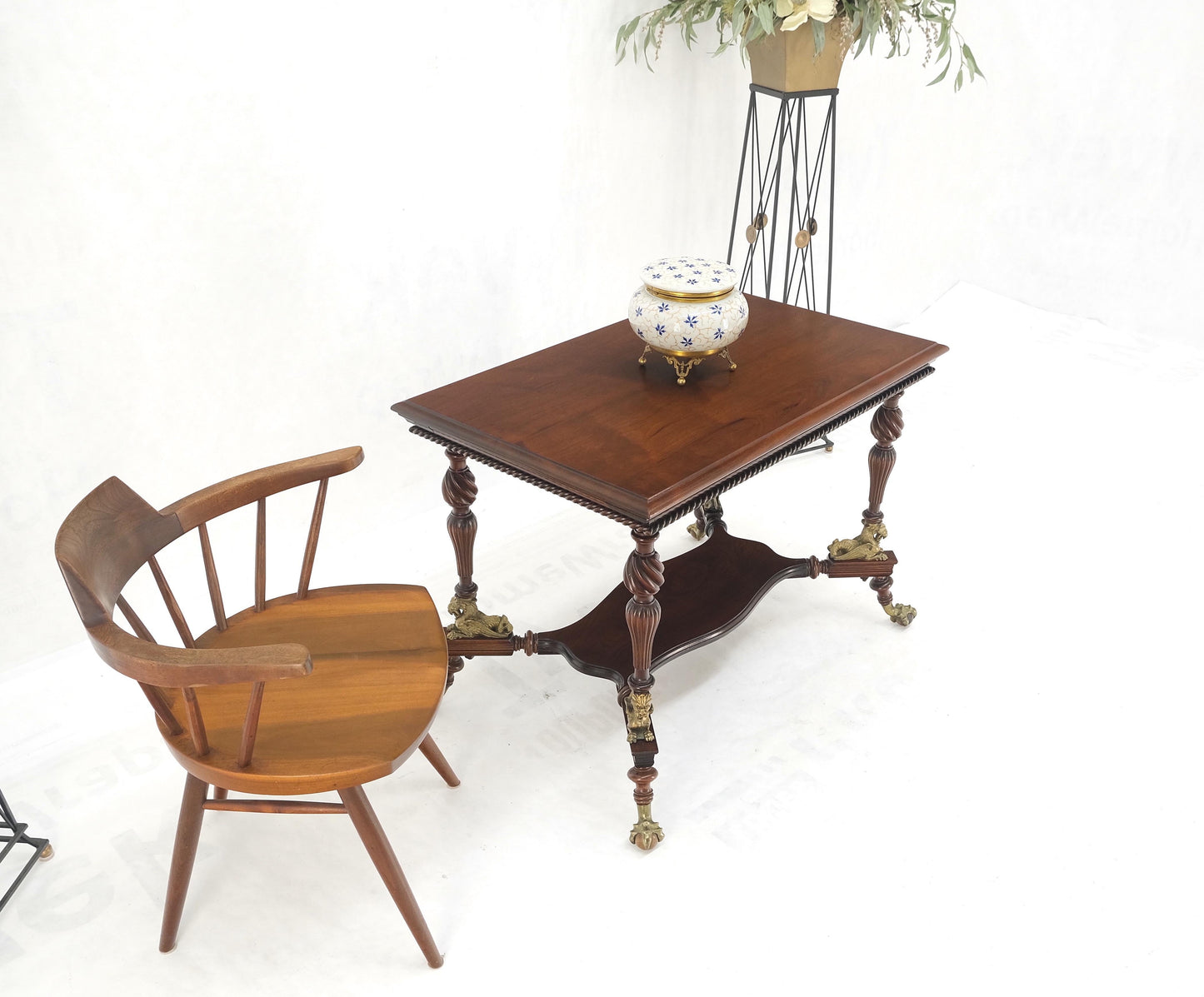 Solid Mahogany Carved Twisted Rope Style Legs Gilt Cast Iron Ball & Claw Table