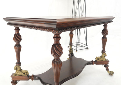 Solid Mahogany Carved Twisted Rope Style Legs Gilt Cast Iron Ball & Claw Table