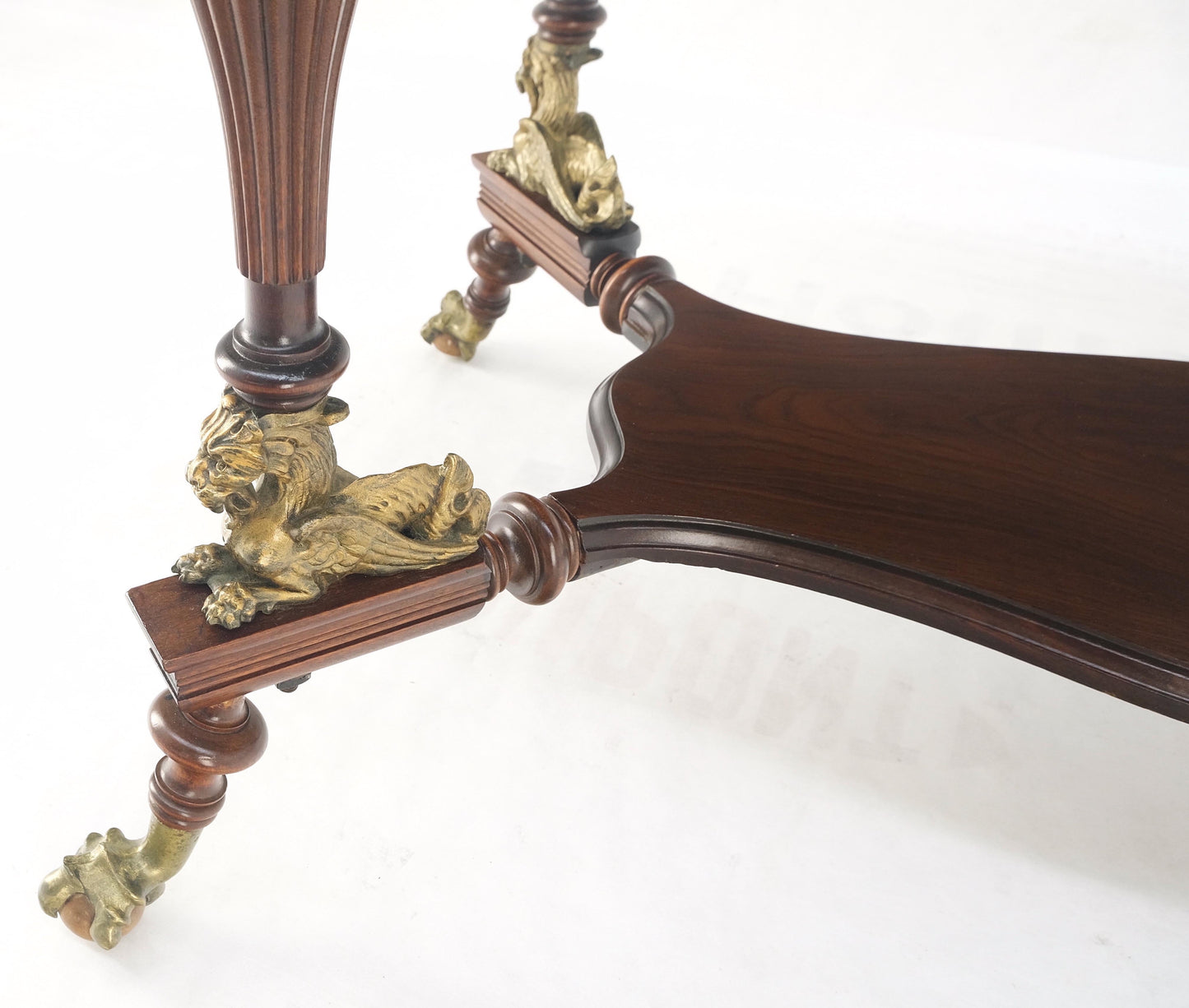 Solid Mahogany Carved Twisted Rope Style Legs Gilt Cast Iron Ball & Claw Table