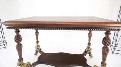 Solid Mahogany Carved Twisted Rope Style Legs Gilt Cast Iron Ball & Claw Table