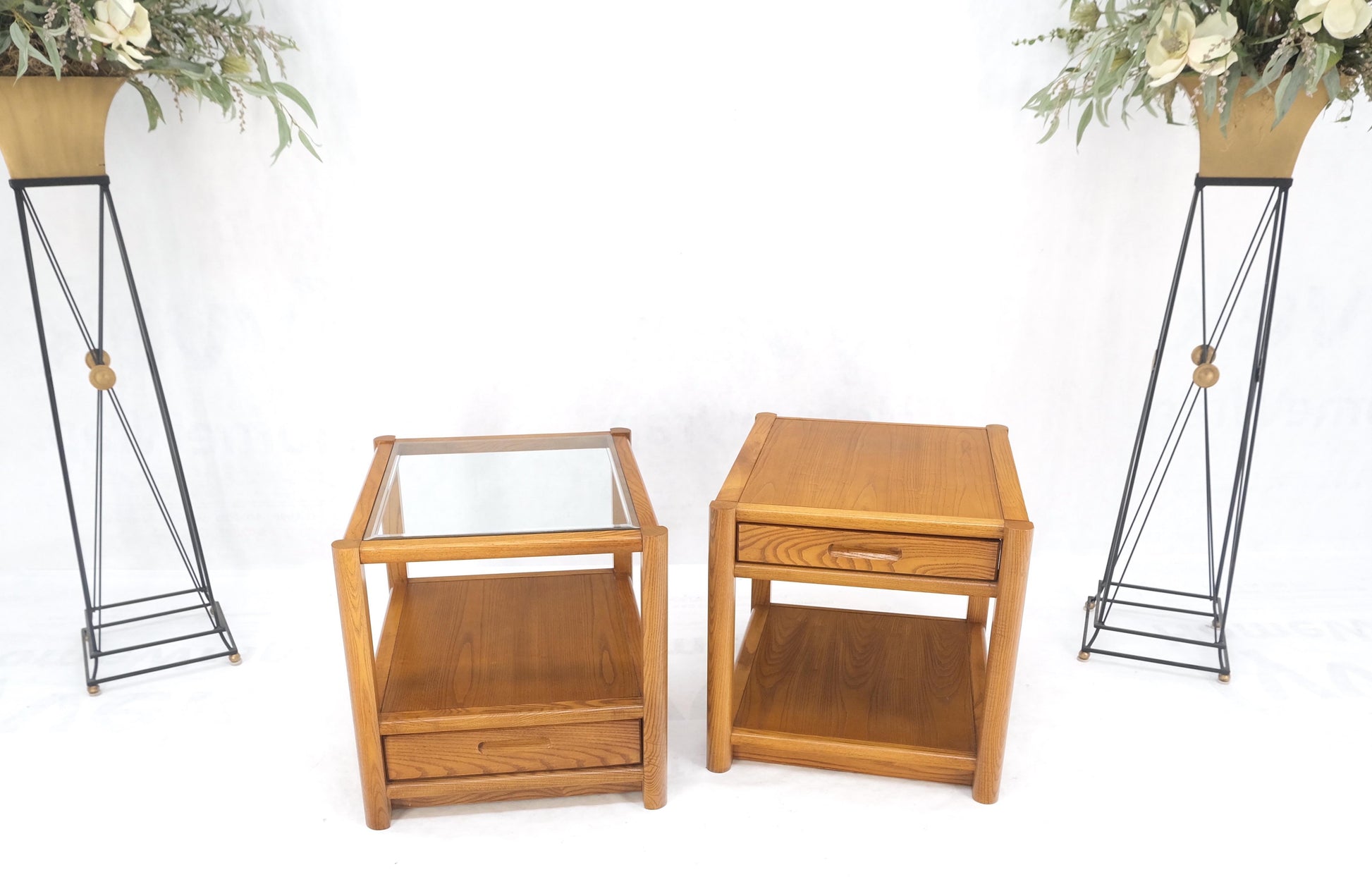 EstablishedLines Pair Quality Glass Top One Drawer Side End Tables Nightstands Thomasville Mint!