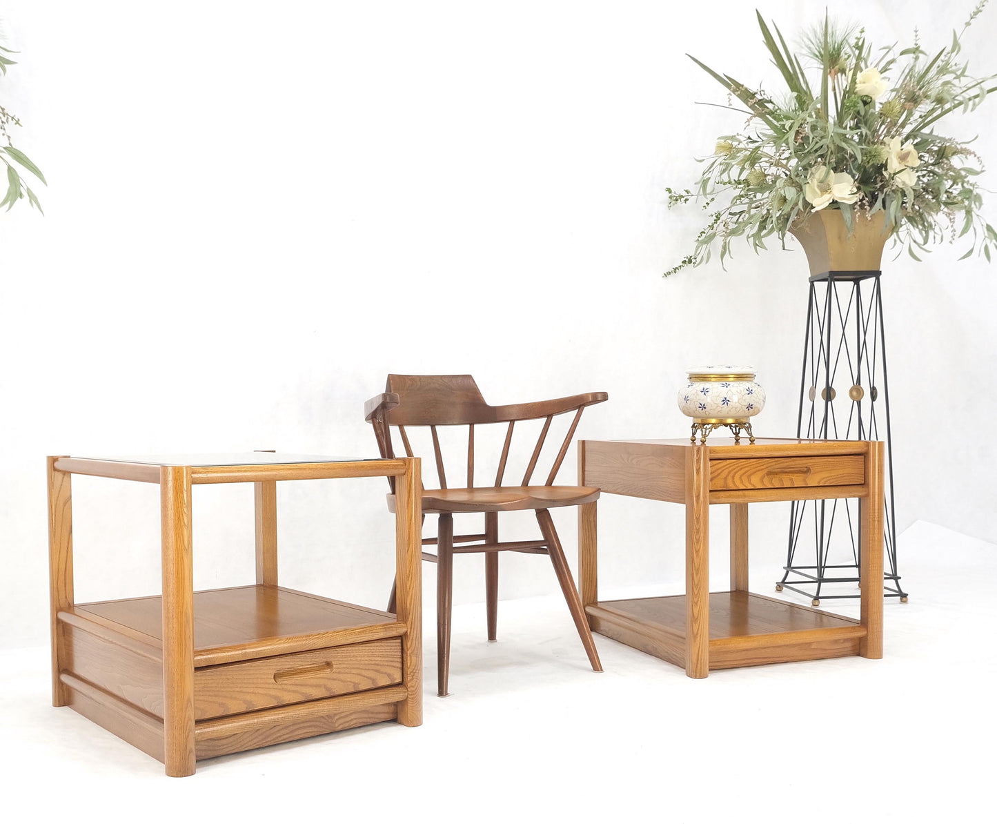 EstablishedLines Pair Quality Glass Top One Drawer Side End Tables Nightstands Thomasville Mint!