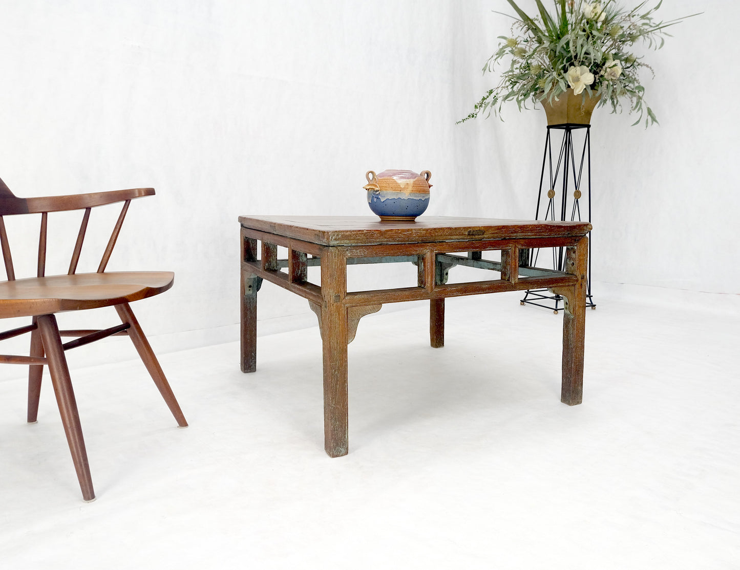EstablishedLines Square Solid Teak Chinese 19th Century Occasional Coffee Lamp Side Table Patina