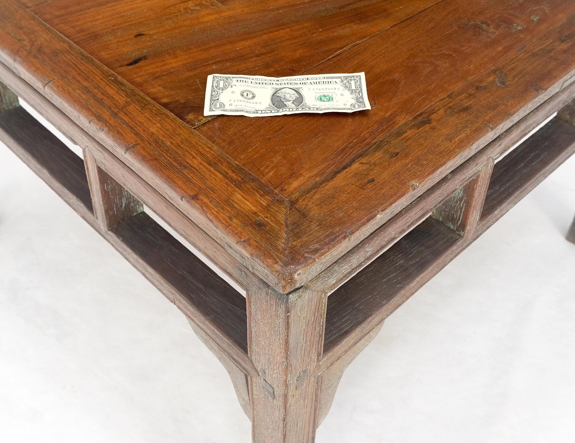 EstablishedLines Square Solid Teak Chinese 19th Century Occasional Coffee Lamp Side Table Patina