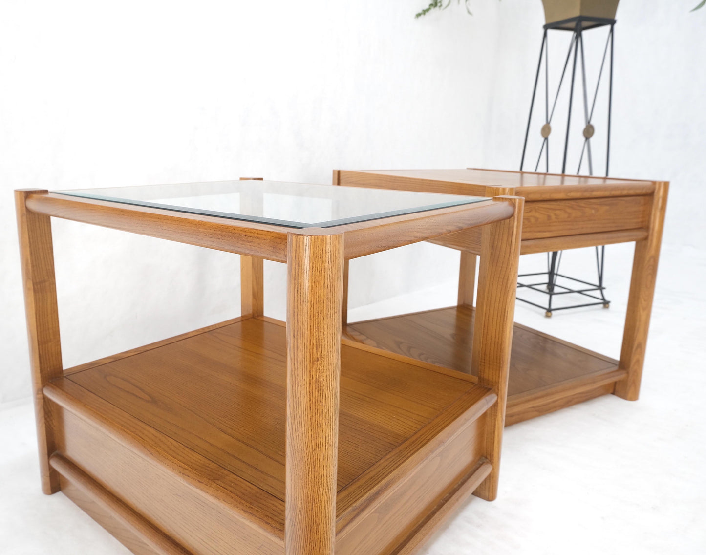 EstablishedLines Pair Quality Glass Top One Drawer Side End Tables Nightstands Thomasville Mint!