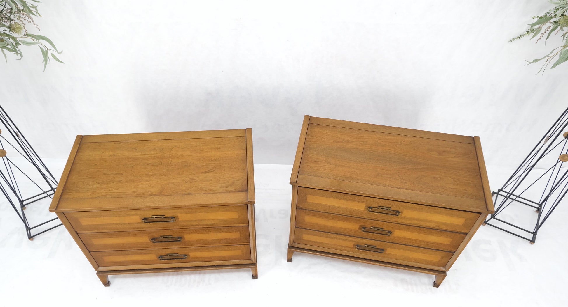 EstablishedLines Pair Three Drawers Light Walnut Banded Drawers Drop Pulls Bachelor Chests MINT!