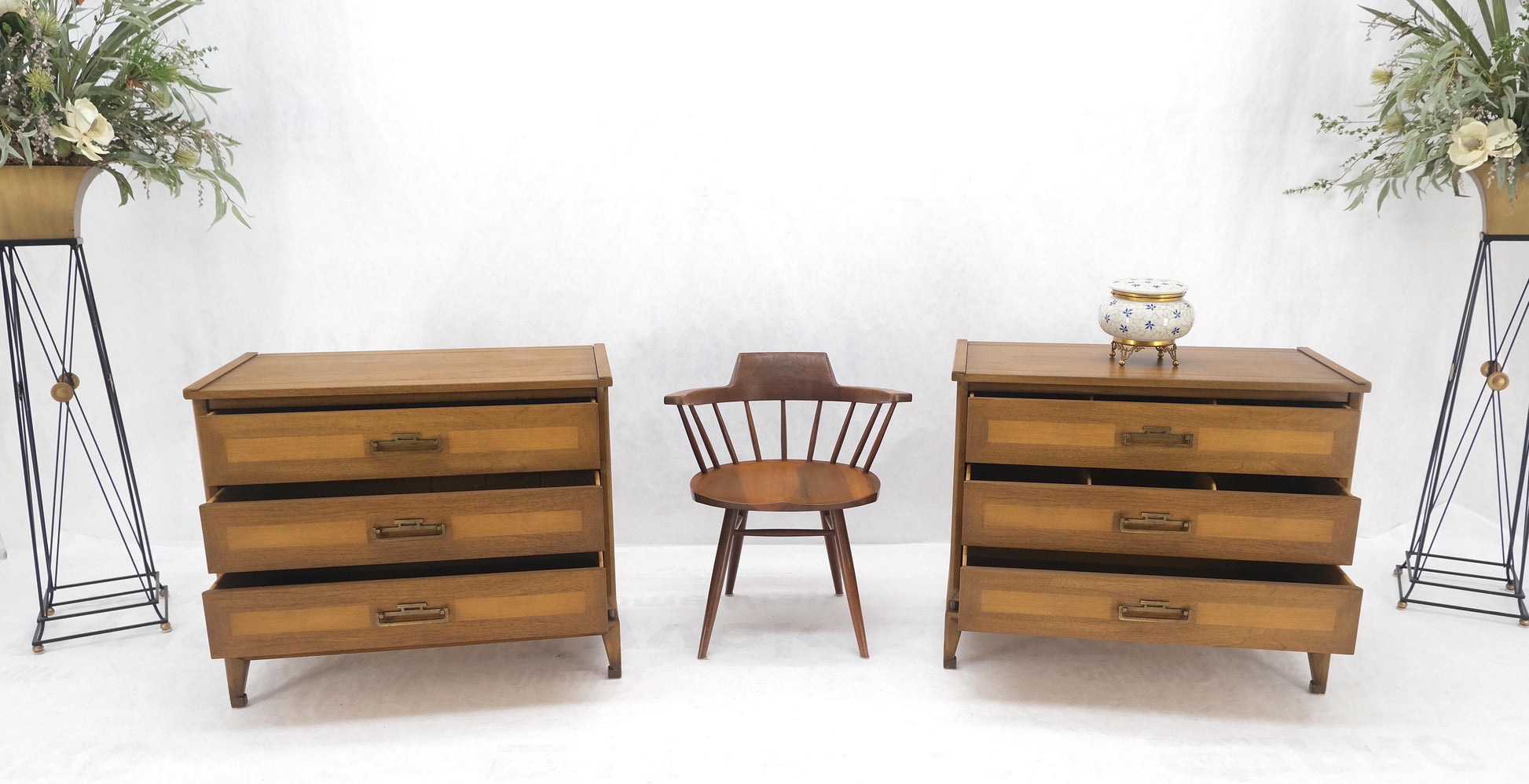 EstablishedLines Pair Three Drawers Light Walnut Banded Drawers Drop Pulls Bachelor Chests MINT!