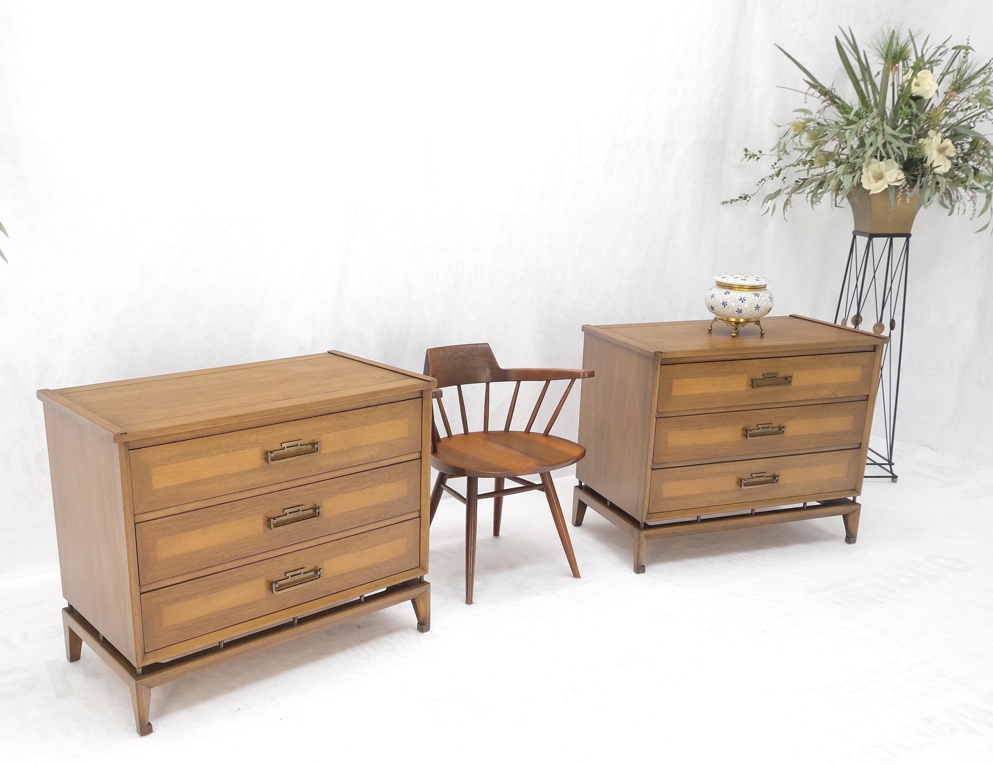 EstablishedLines Pair Three Drawers Light Walnut Banded Drawers Drop Pulls Bachelor Chests MINT!