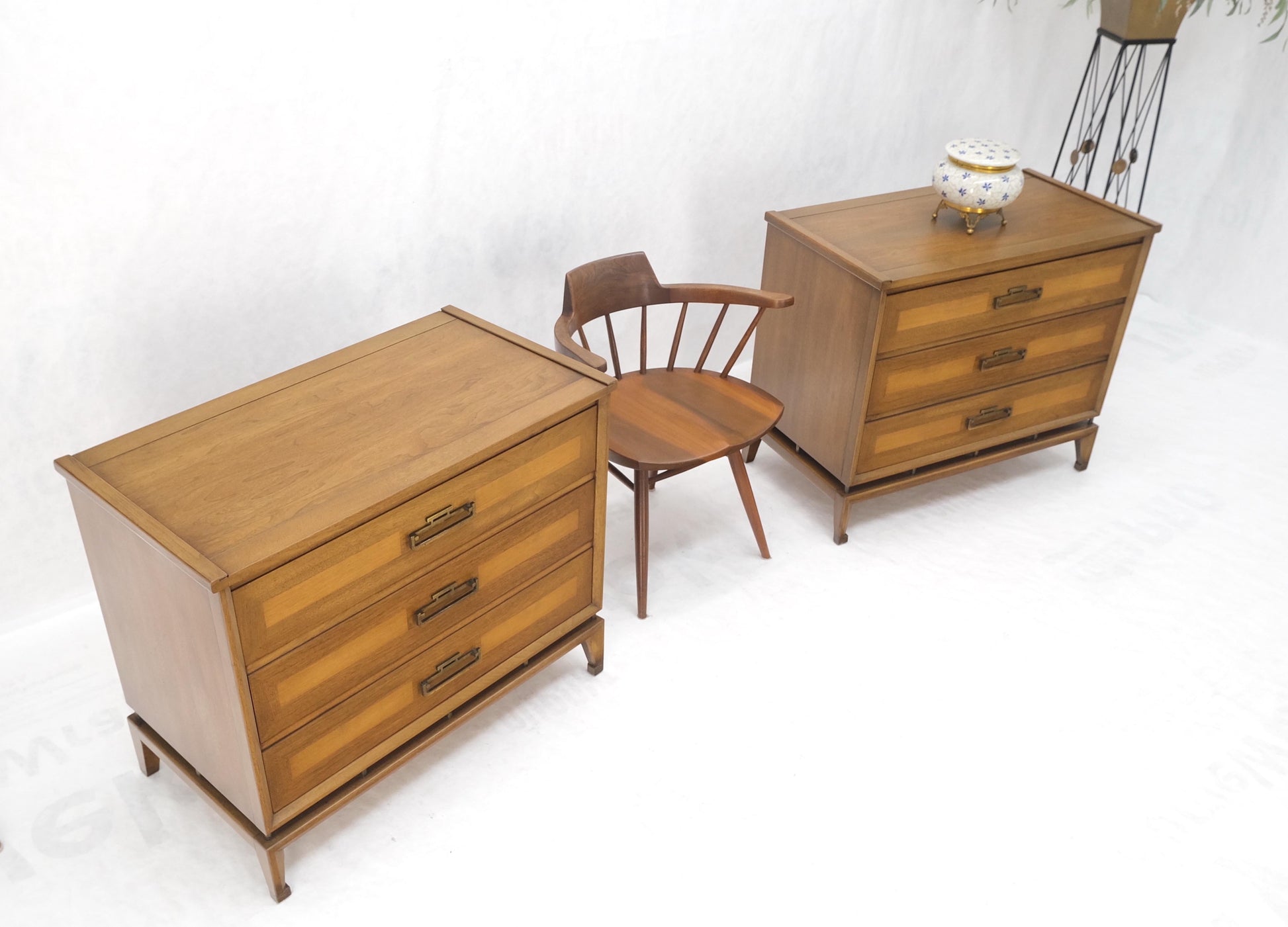 EstablishedLines Pair Three Drawers Light Walnut Banded Drawers Drop Pulls Bachelor Chests MINT!
