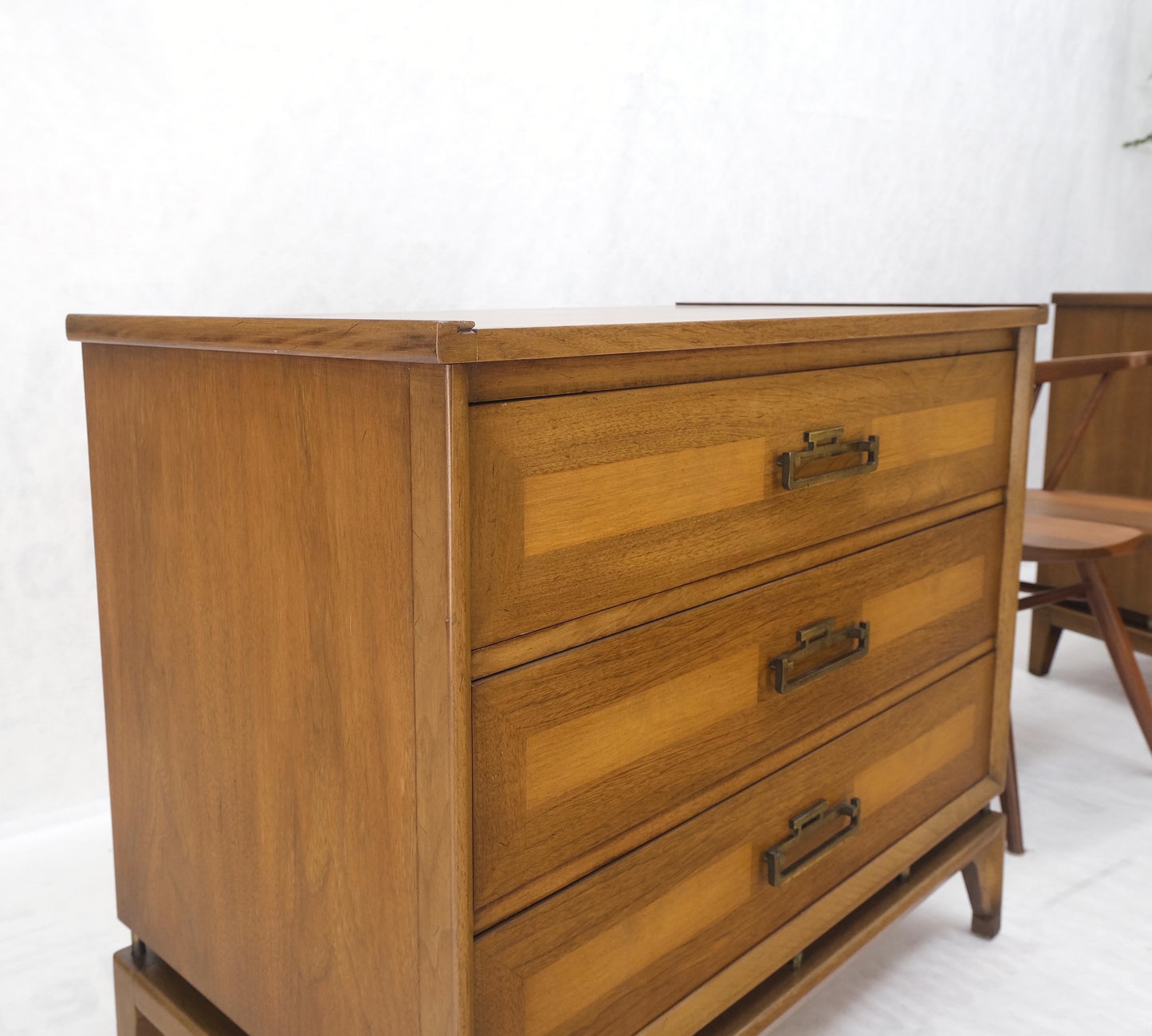 EstablishedLines Pair Three Drawers Light Walnut Banded Drawers Drop Pulls Bachelor Chests MINT!